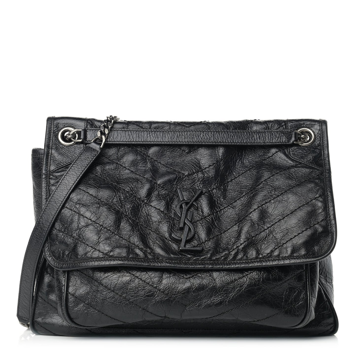 Crinkled Calfskin Matelasse Monogram Large Niki Chain Satchel Black