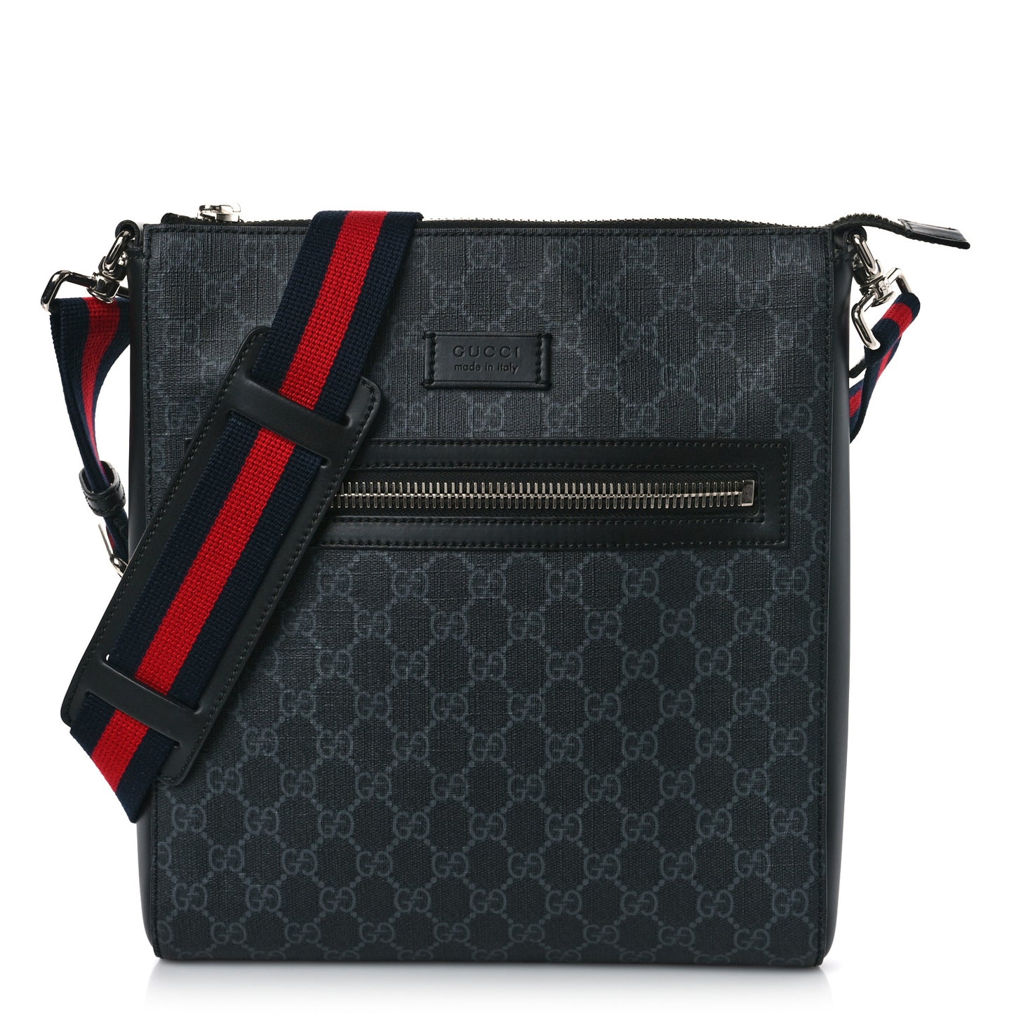 GG Supreme Monogram Appia Calfskin Web Flat Messenger Bag Black Grey