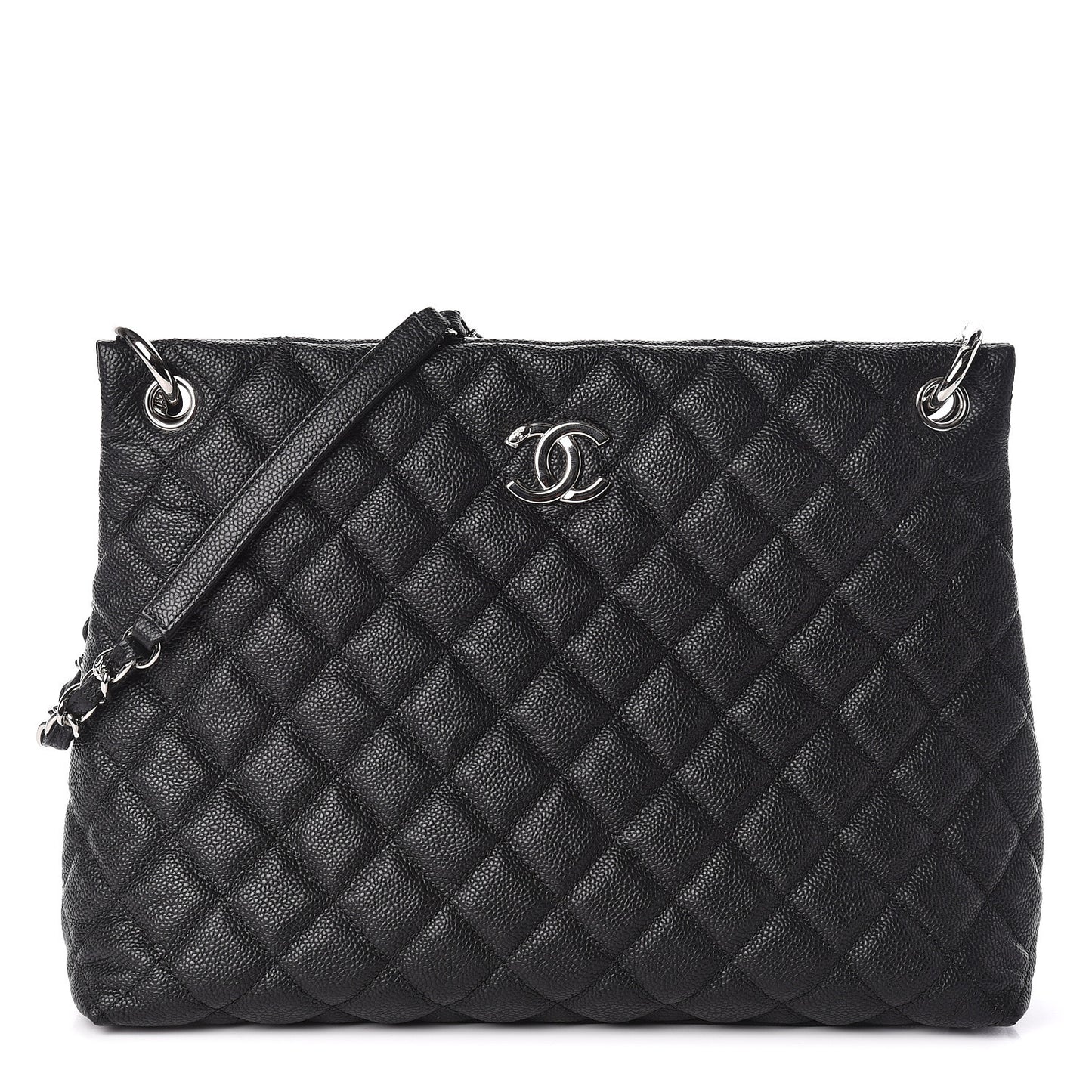 Caviar Quilted Large CC Shopping Tote Black