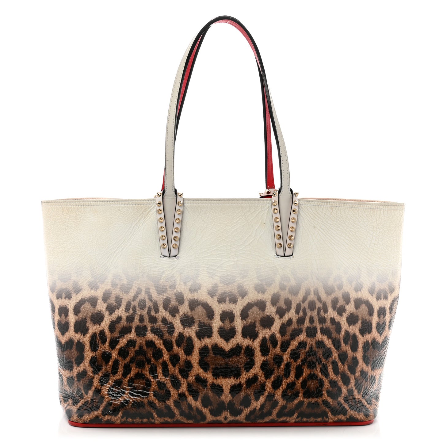 Calfskin Degrade Leopard Print Spikes East West Cabata Tote White Multi