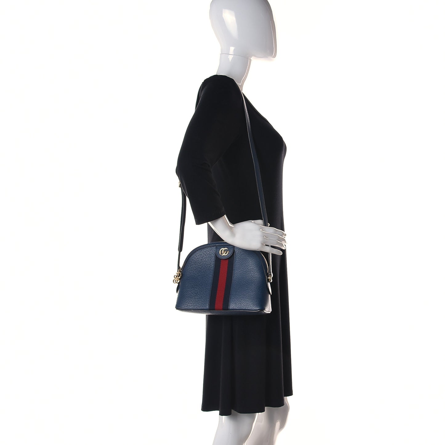 Textured Dollar Calfskin Web Small Ophidia Dome Shoulder Bag Blue Agata