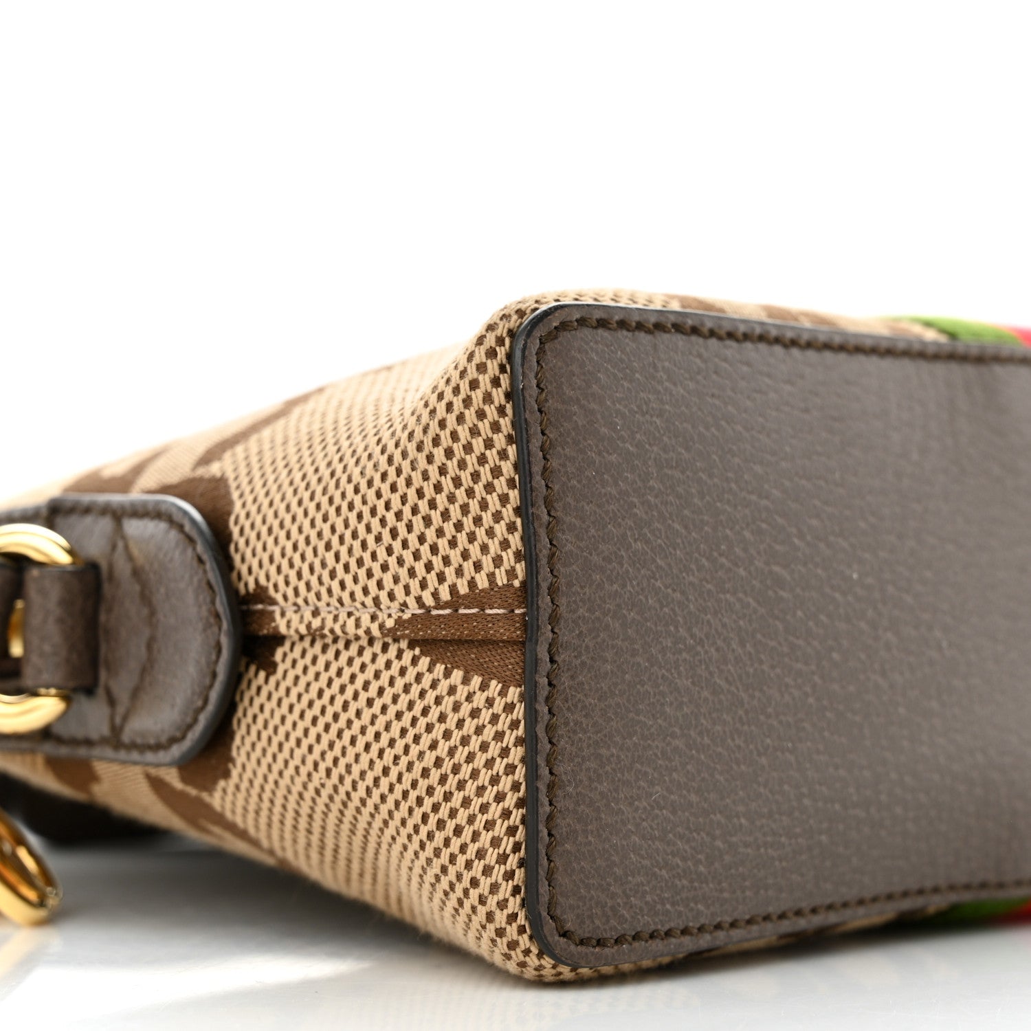 Gucci Monogram Jumbo GG Textured Dollar Calfskin Web Small Ophidia Dome Shoulder Bag Camel Ebony New Acero 9 of 13