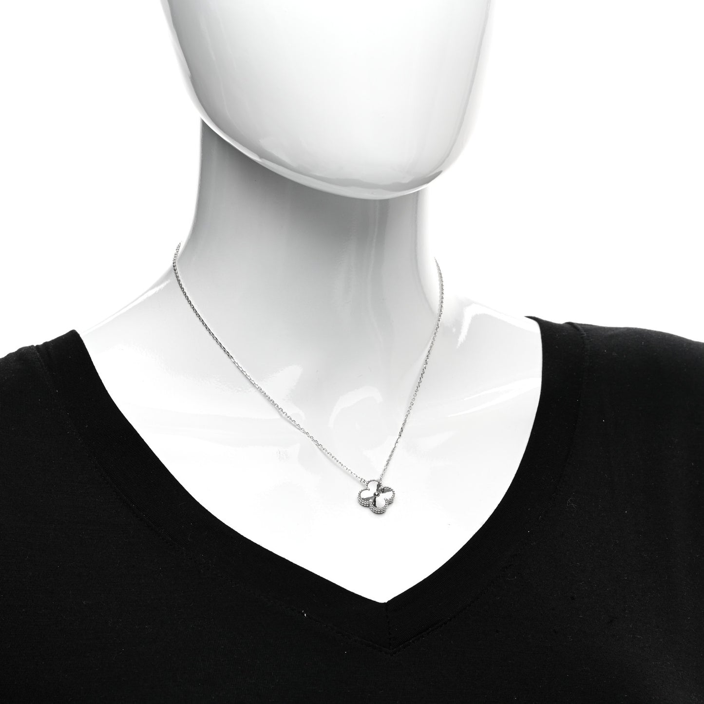 18K White Gold Guilloche Vintage Alhambra Pendant Necklace