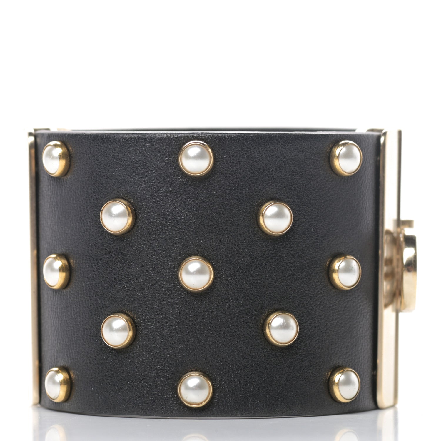 Chanel Lambskin Calfskin Pearl CC Cuff Bracelet Black Gold 3 of 5