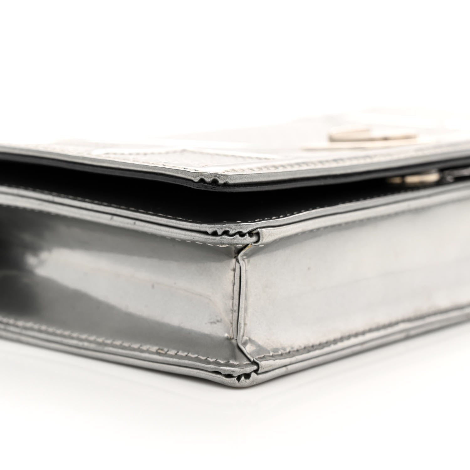 Christian Dior Metallic Patent Micro-Cannage Diorama Wallet on Chain Pouch Silver 9 of 14