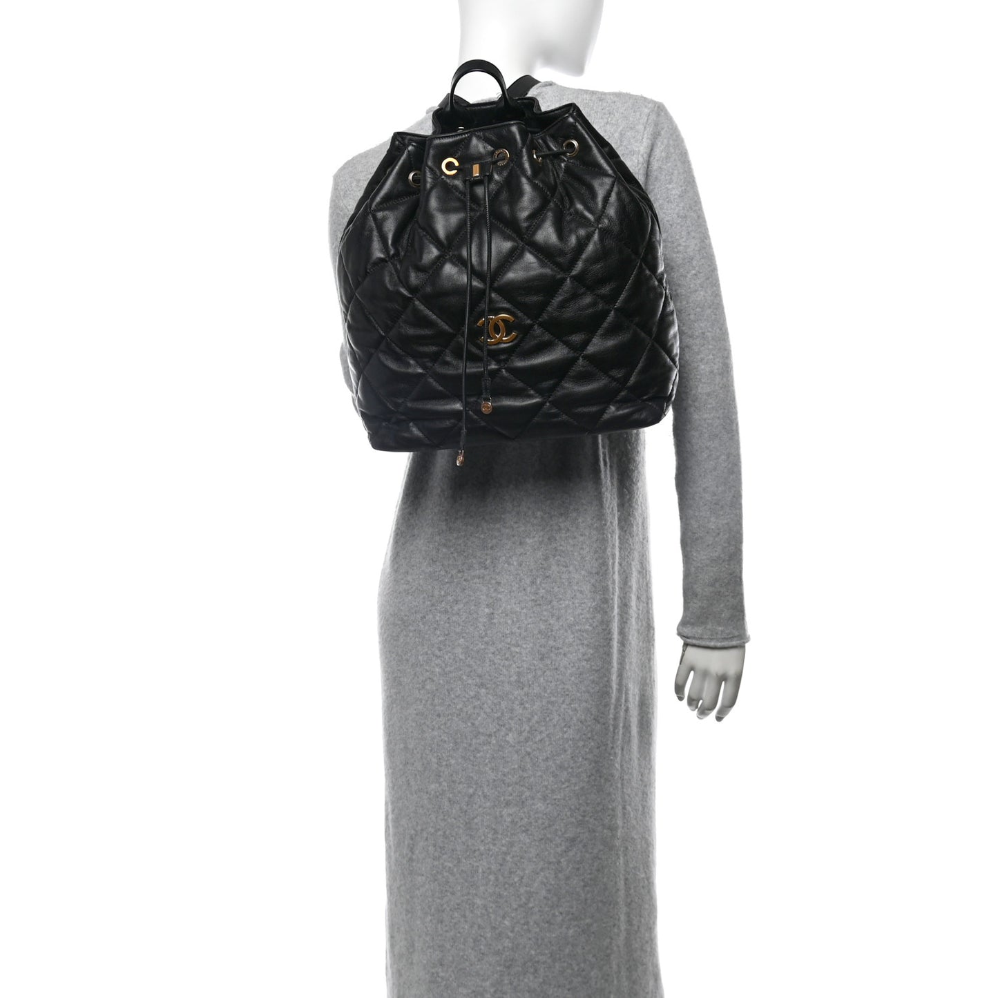 Lambskin Quilted Drawstring Backpack Black