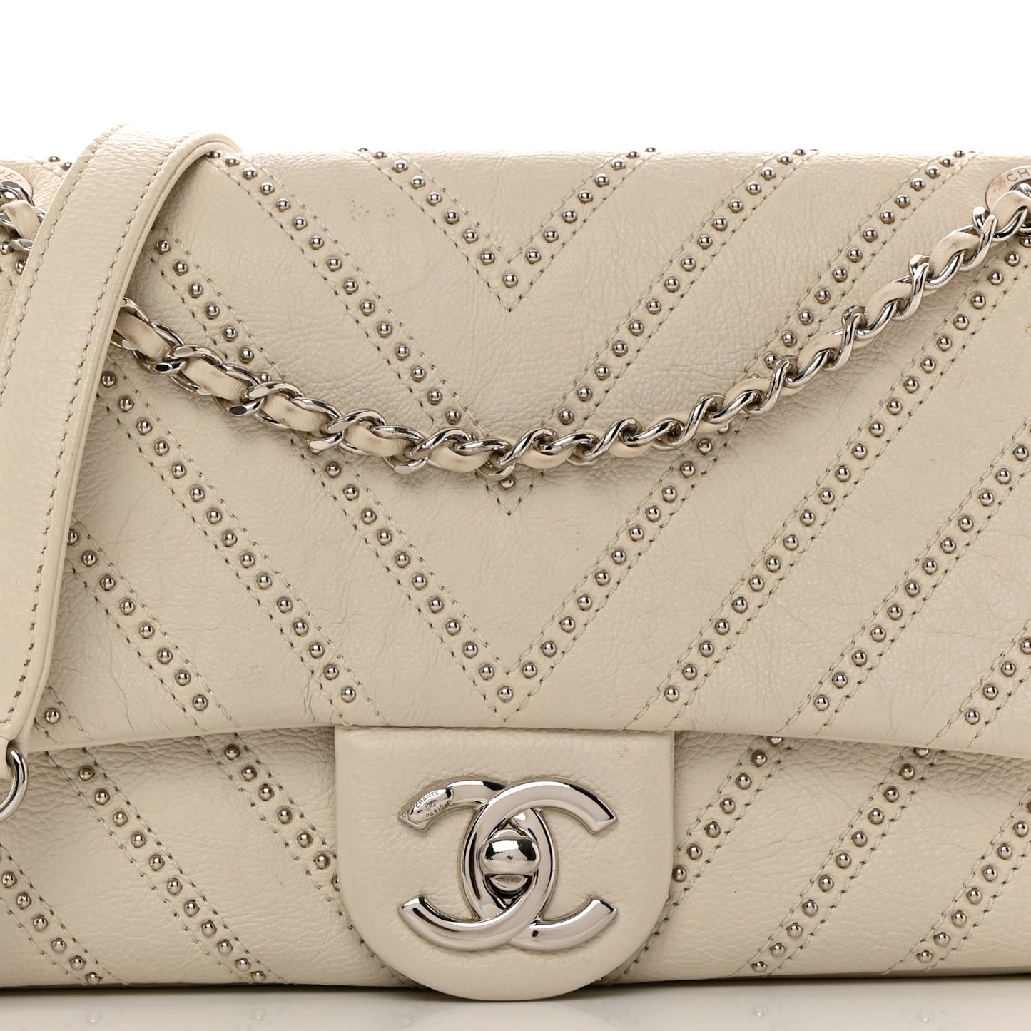 Calfskin Studded Chevron Quilted Small Stud Wars Flap White