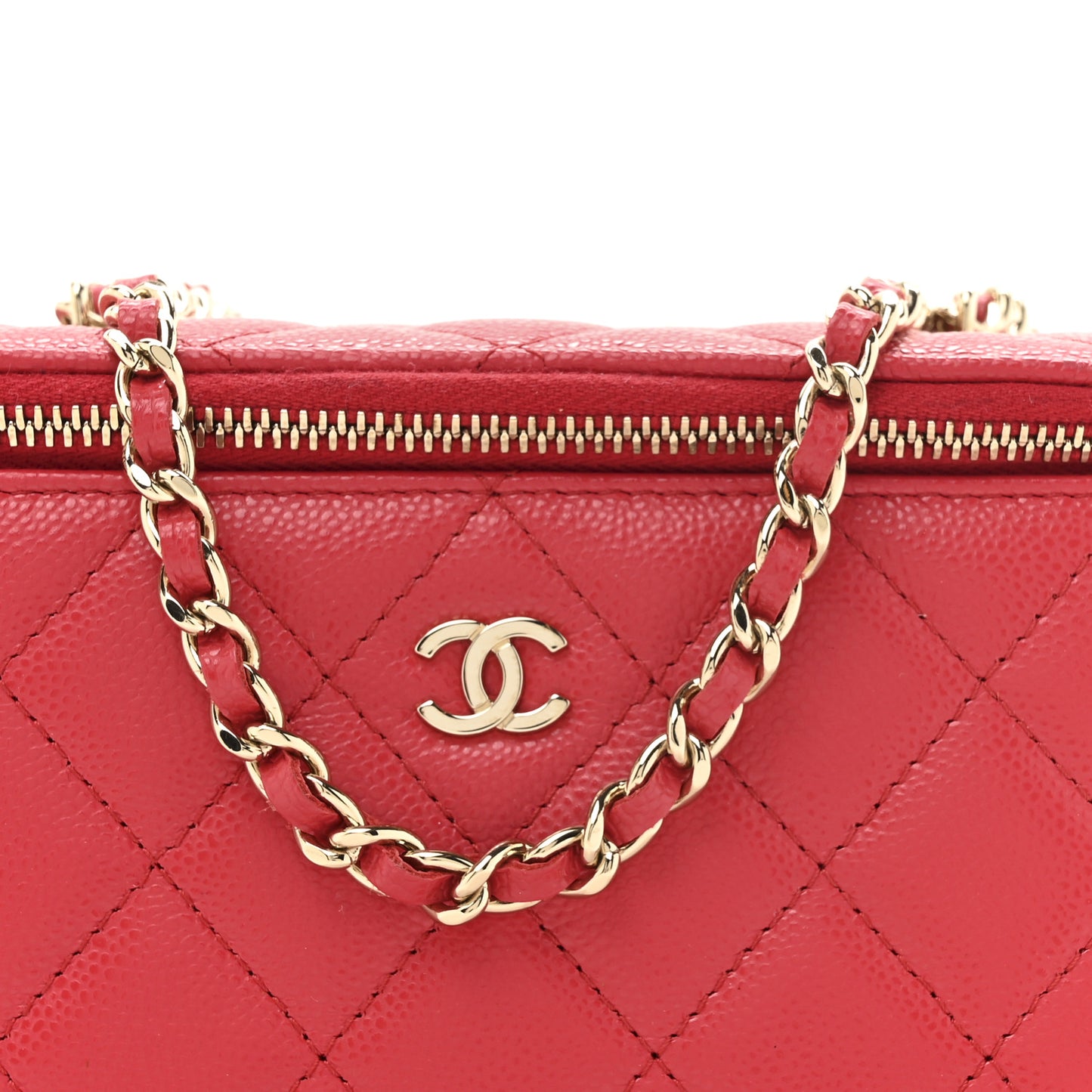Caviar Quilted Small Vanity Case With Chain Red