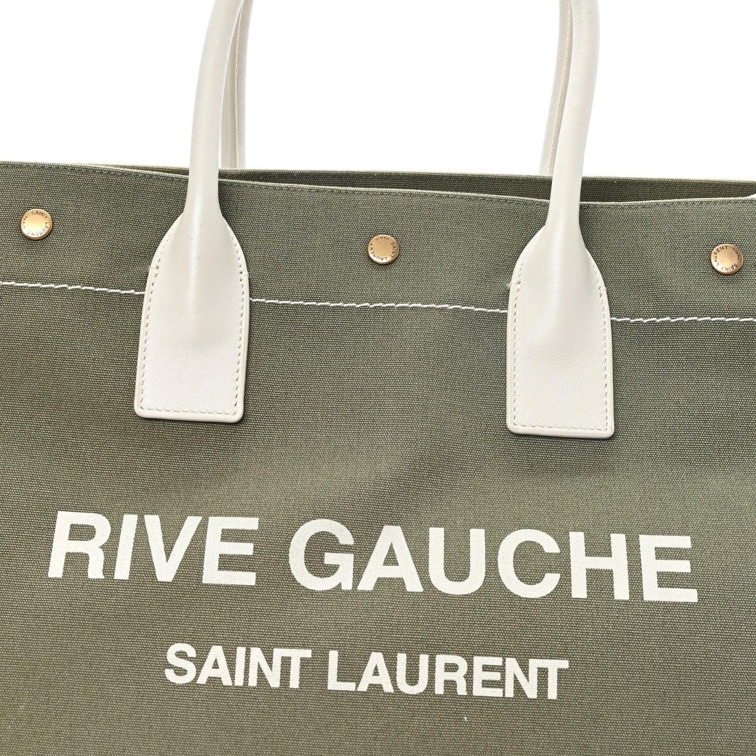 Saint Laurent Linen Calfskin Small Rive Gauche Tote Military Green Blanc Vintage 8 of 11
