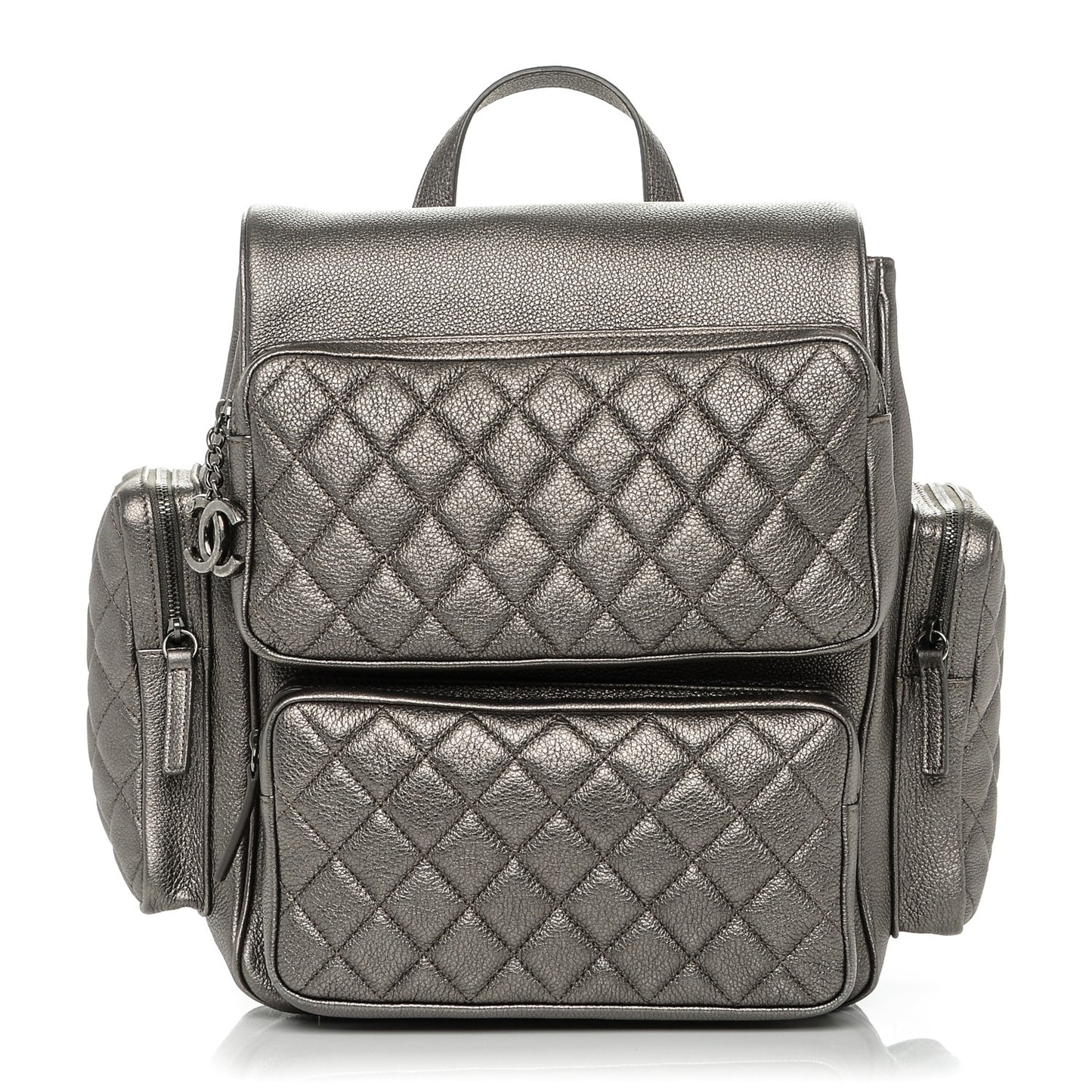 Metallic Grained Calfskin Quilted Large Casual Rock Backpack Charcoal