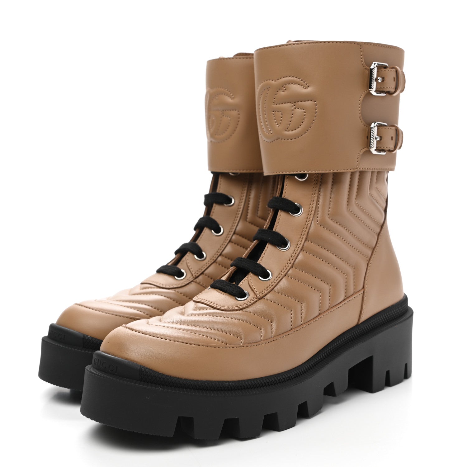 Gucci Nappa Frances GG Matelasse Platform Combat Boots 36 Natural Tan 3 of 9