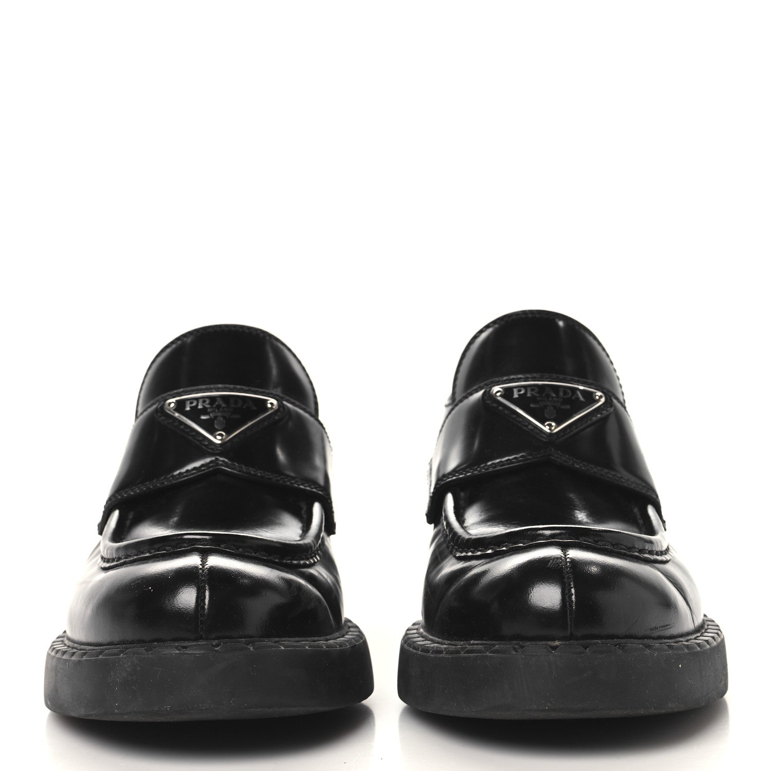 Prada Spazzolato Metal Triangle Logo Pointy 50mm Loafers 37.5 Black 3 of 10