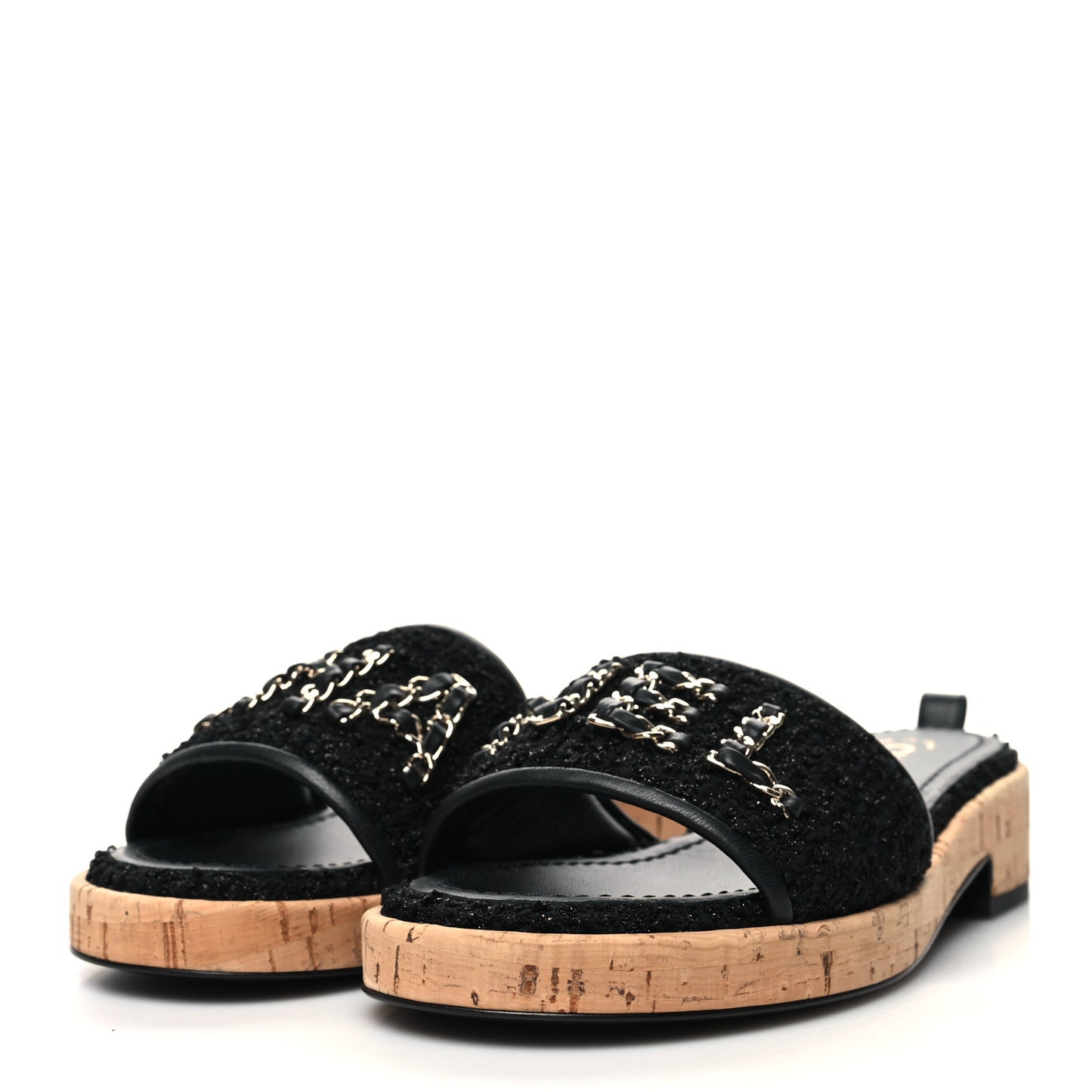 Tweed Cork CC Chain Mule Sandal 37 Black