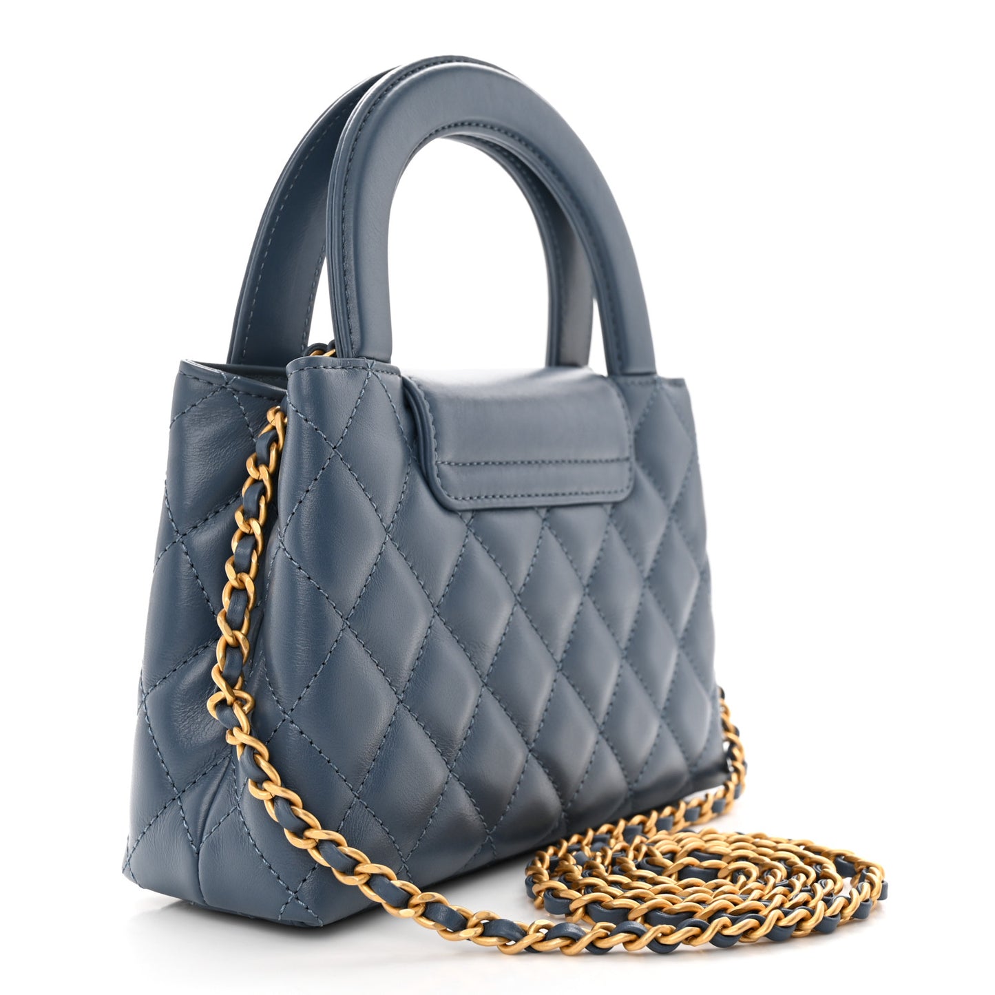 Shiny Aged Calfskin Quilted Nano Kelly Shopper Dark Blue