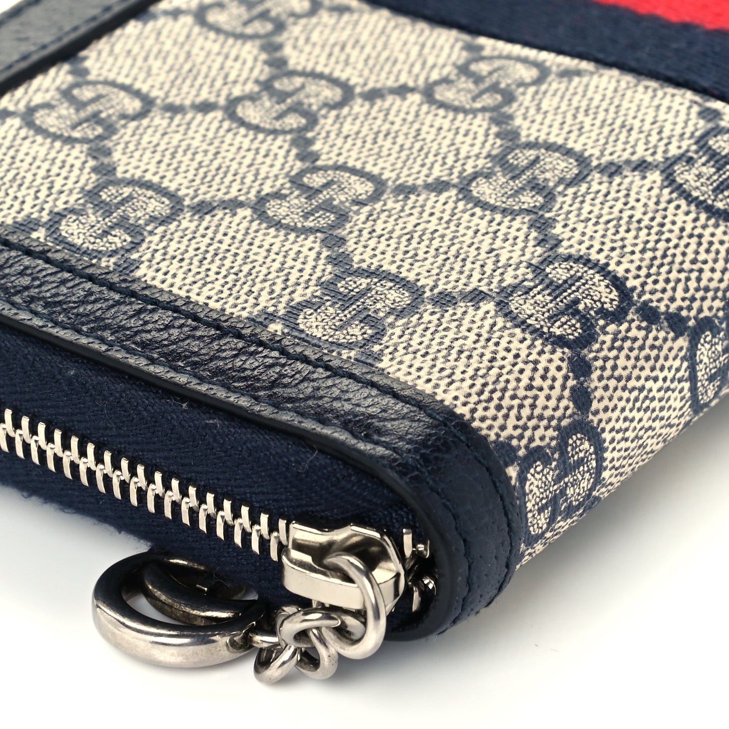 GG Supreme Monogram Textured Dollar Calfskin Web Ophidia Zip Around Wallet Beige Blue