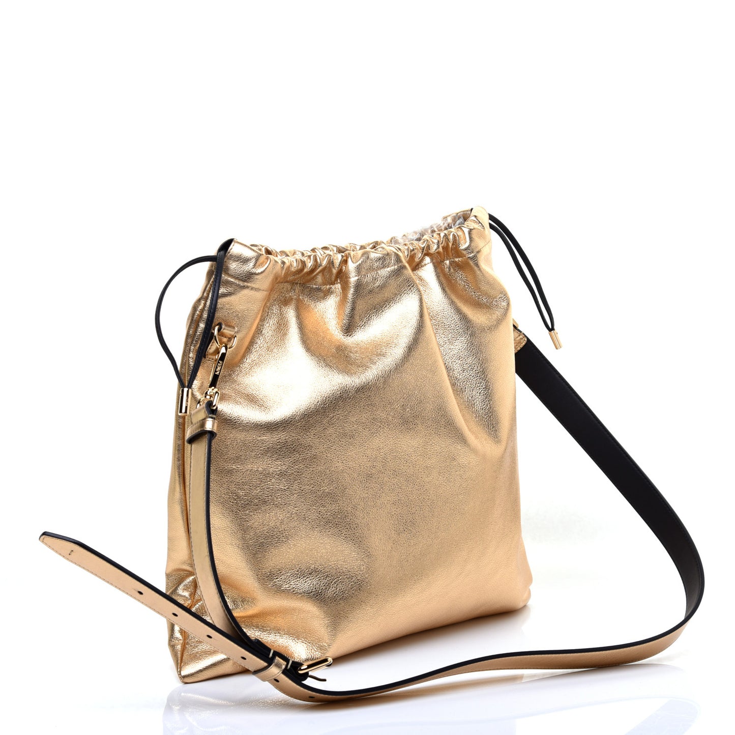 Laminated Calfskin Medium Drawstring Pouch Bag Oro Black