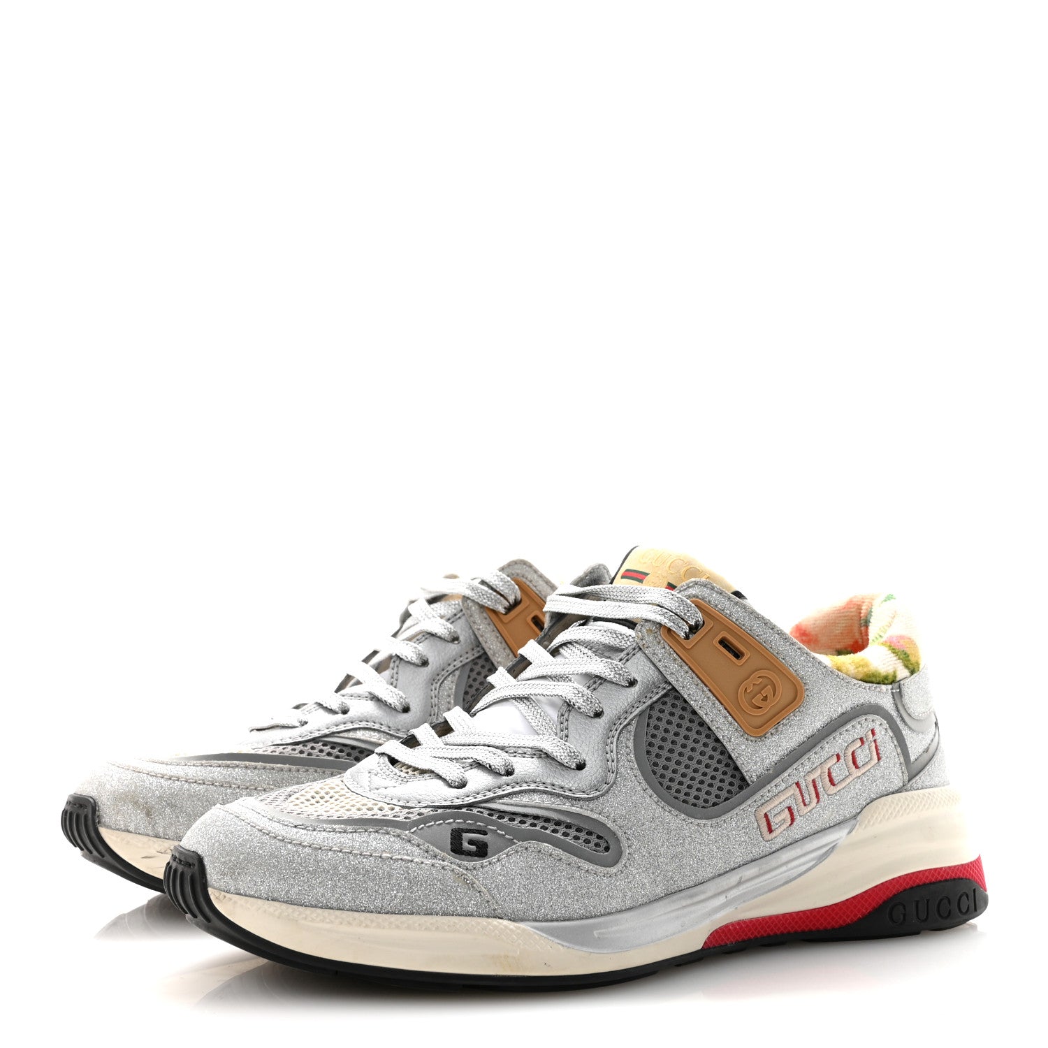 Gucci Metallic Calfskin Glitter Mesh Womens Ultrapace Sneakers 38 Silver Light Grey Mystic White 4 of 9