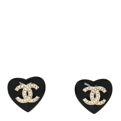 Chanel Resin Crystal CC Heart Earrings Black Gold 1 of 4