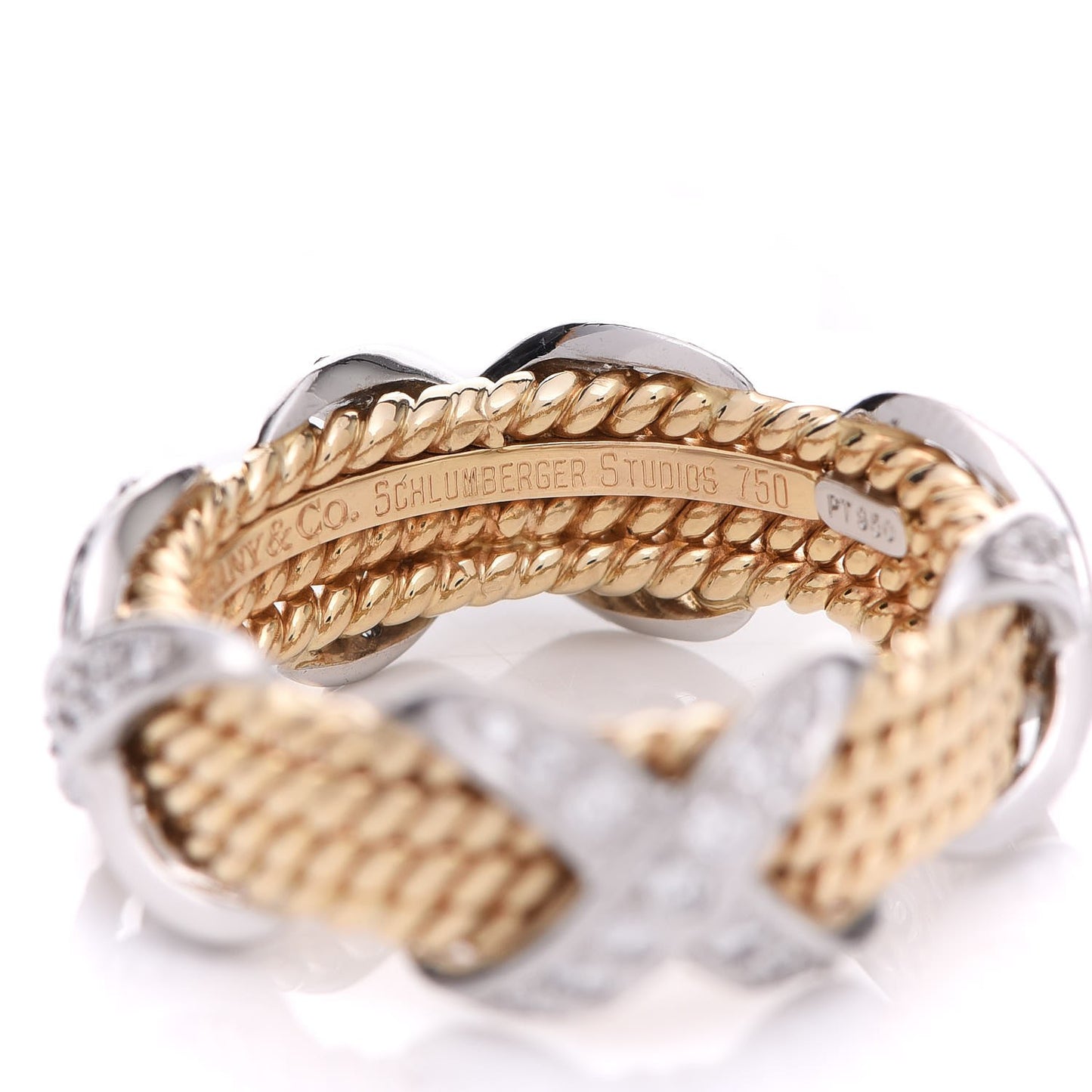 18K Yellow Gold Platinum Diamond Schlumberger Rope Four Row X Ring 57 8