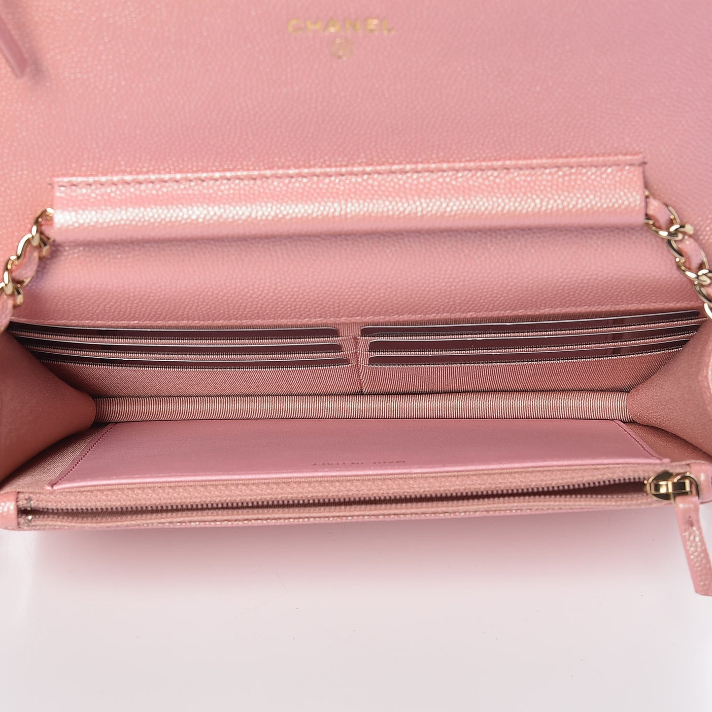 Iridescent Caviar Quilted Wallet on Chain WOC Rose Pink