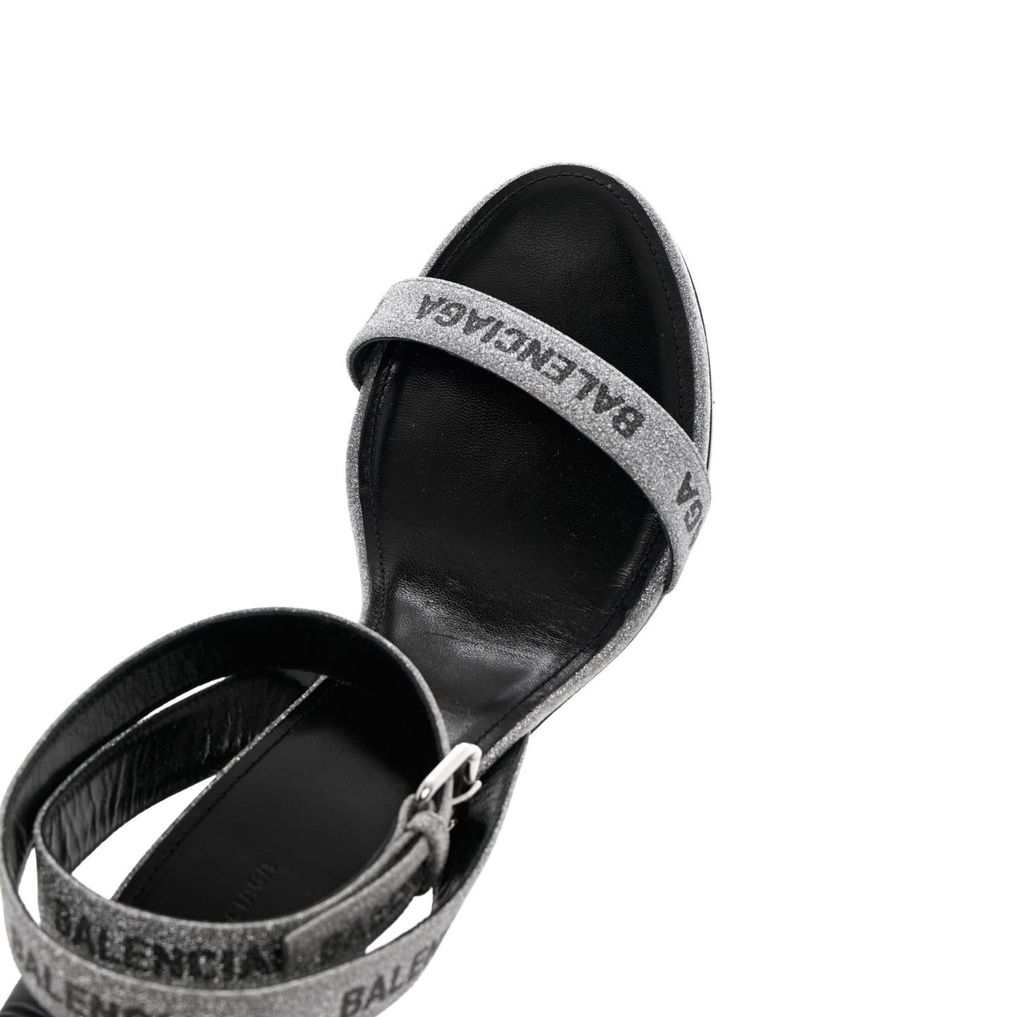 Glitter Allover Logo Ankle Strap Round Heel 80mm Sandals 39 Silver Black