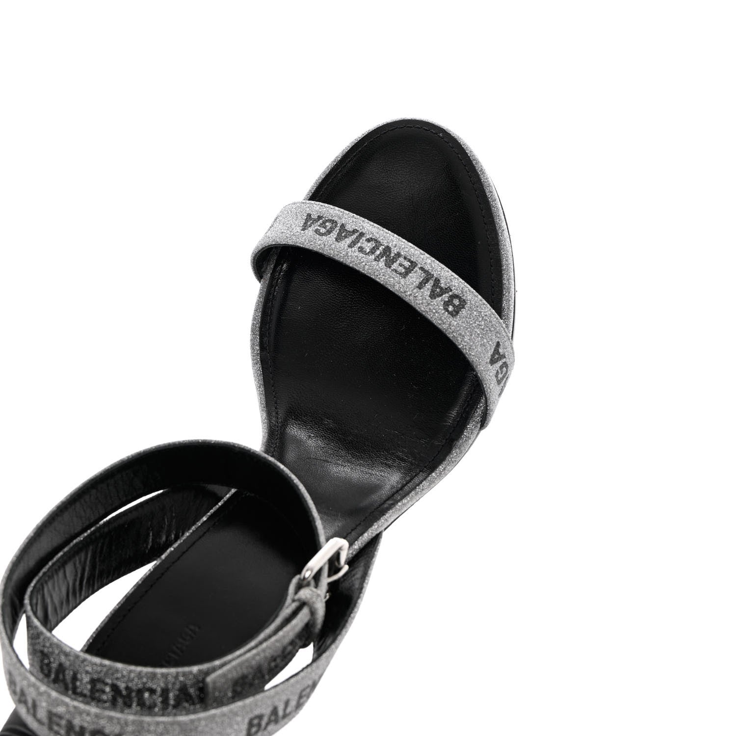 Balenciaga Glitter Allover Logo Ankle Strap Round Heel 80mm Sandals 39 Silver Black 10 of 14