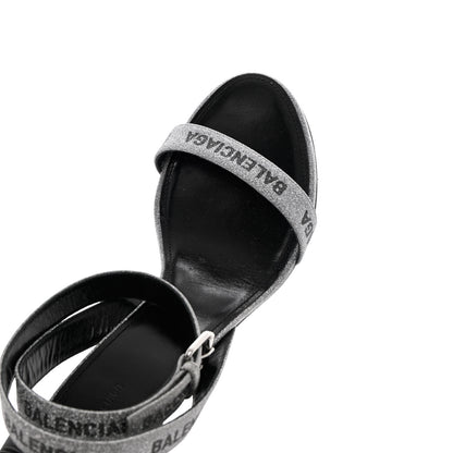 Balenciaga Glitter Allover Logo Ankle Strap Round Heel 80mm Sandals 39 Silver Black 10 of 14