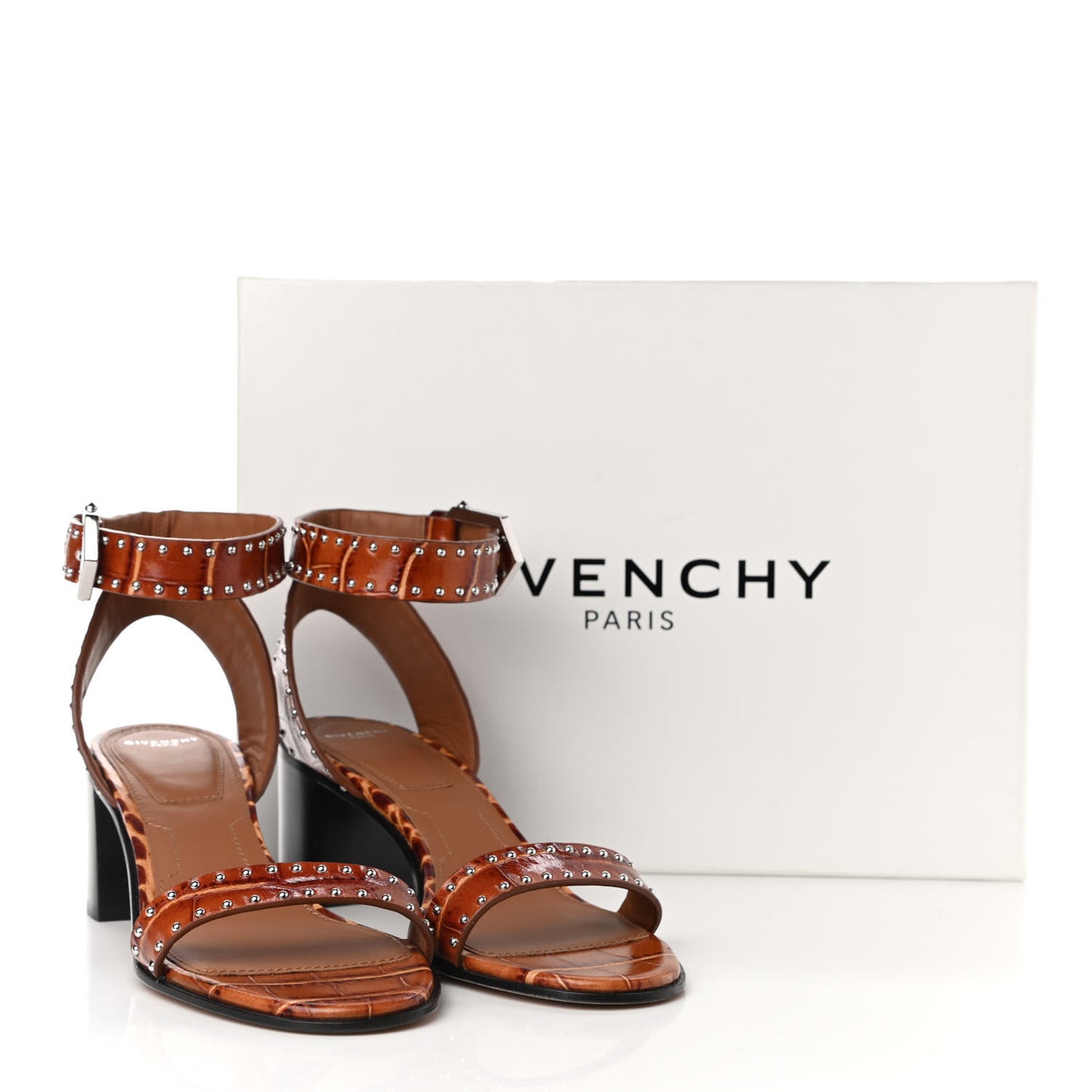 Calfskin Crocodile Embossed Studded Elegant Sandals 38 Brown
