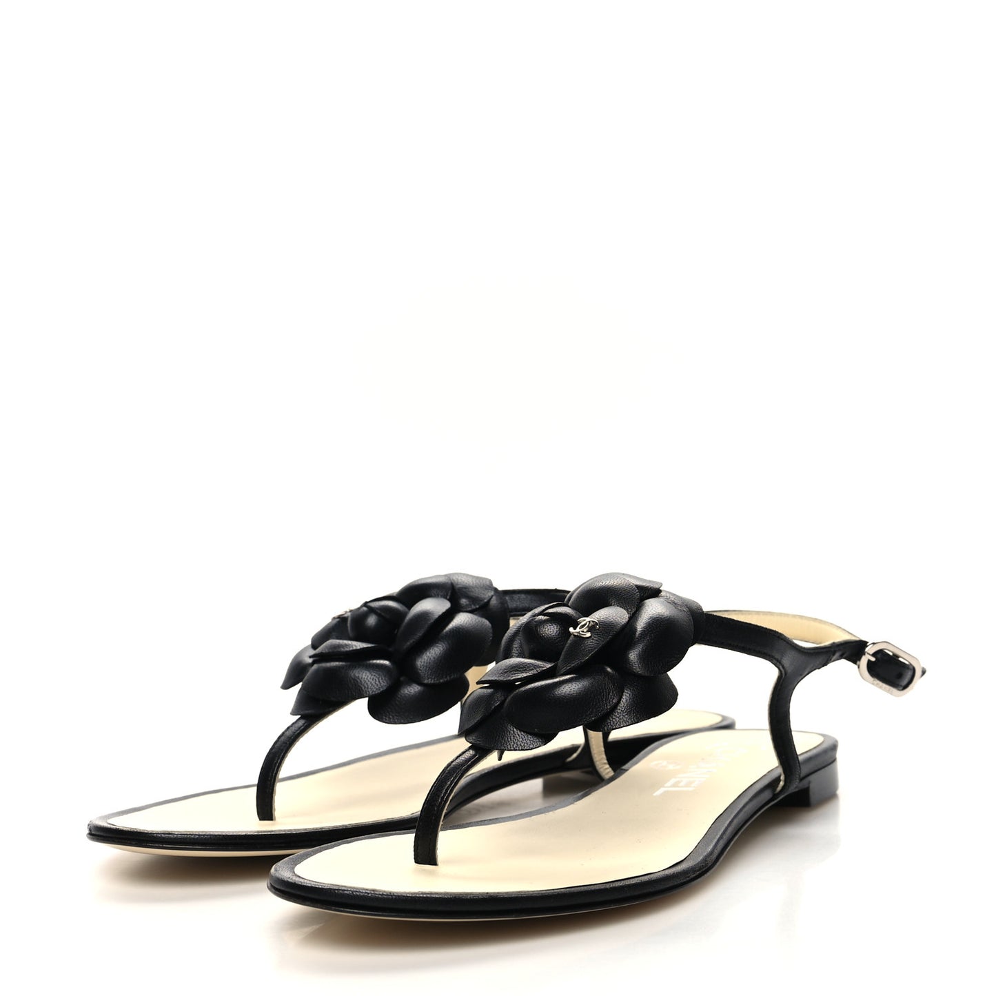 Lambskin Camellia Thong Sandals 35.5 Black