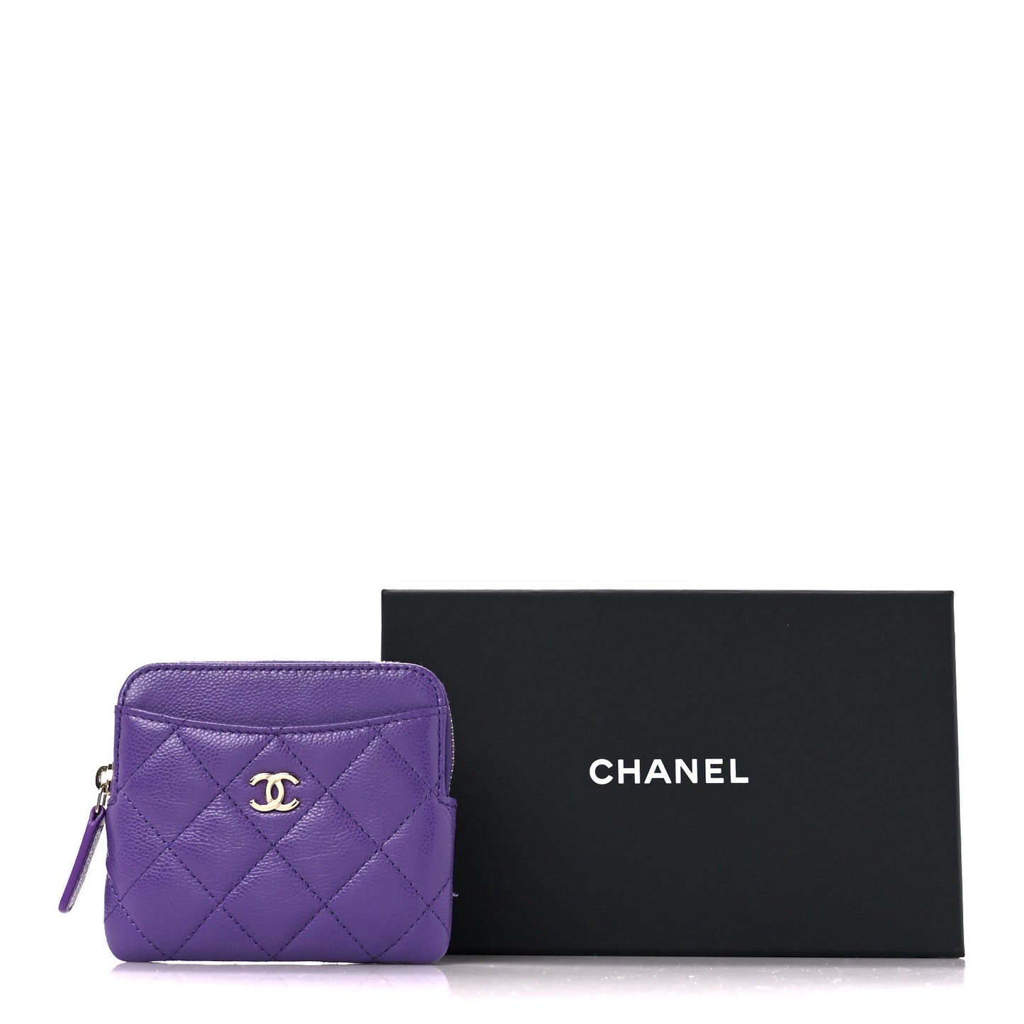 Caviar Quilted Zip Card Holder Wallet Purple