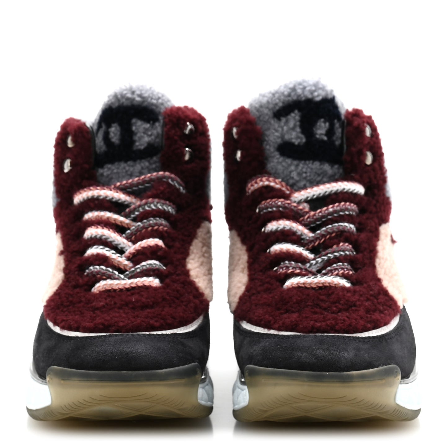 Shearling Lambskin Suede CC High Top Sneakers 36.5 Grey Pink Burgundy