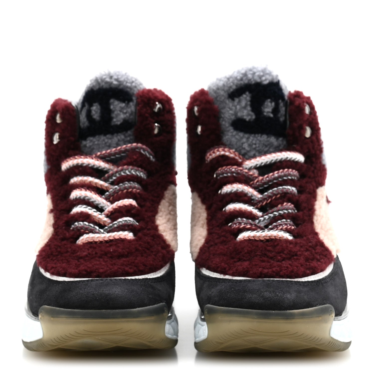 Chanel Shearling Lambskin Suede CC High Top Sneakers 36.5 Grey Pink Burgundy 3 of 8