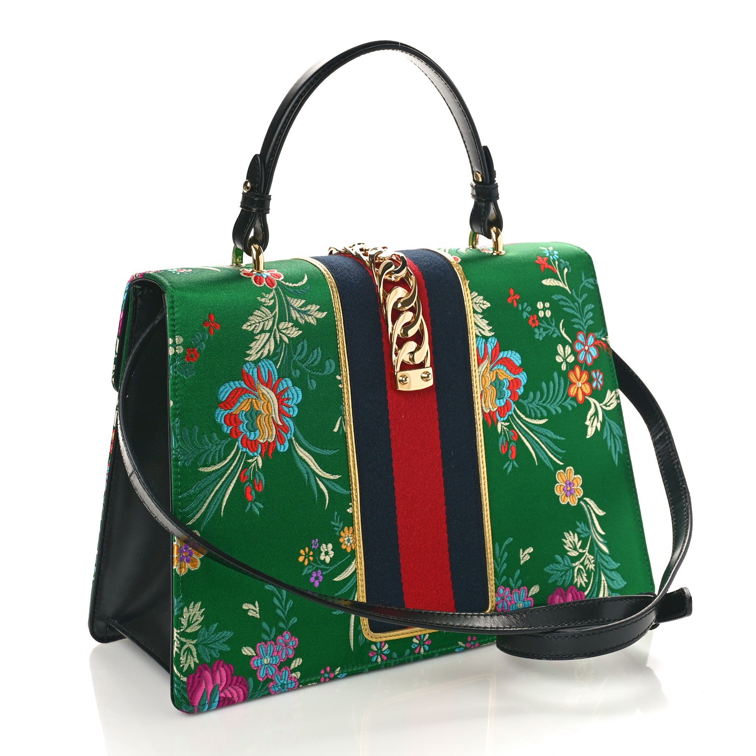 Gucci Jacquard Floral Medium Sylvie Top Handle Bag Green Multicolor Black 3 of 13