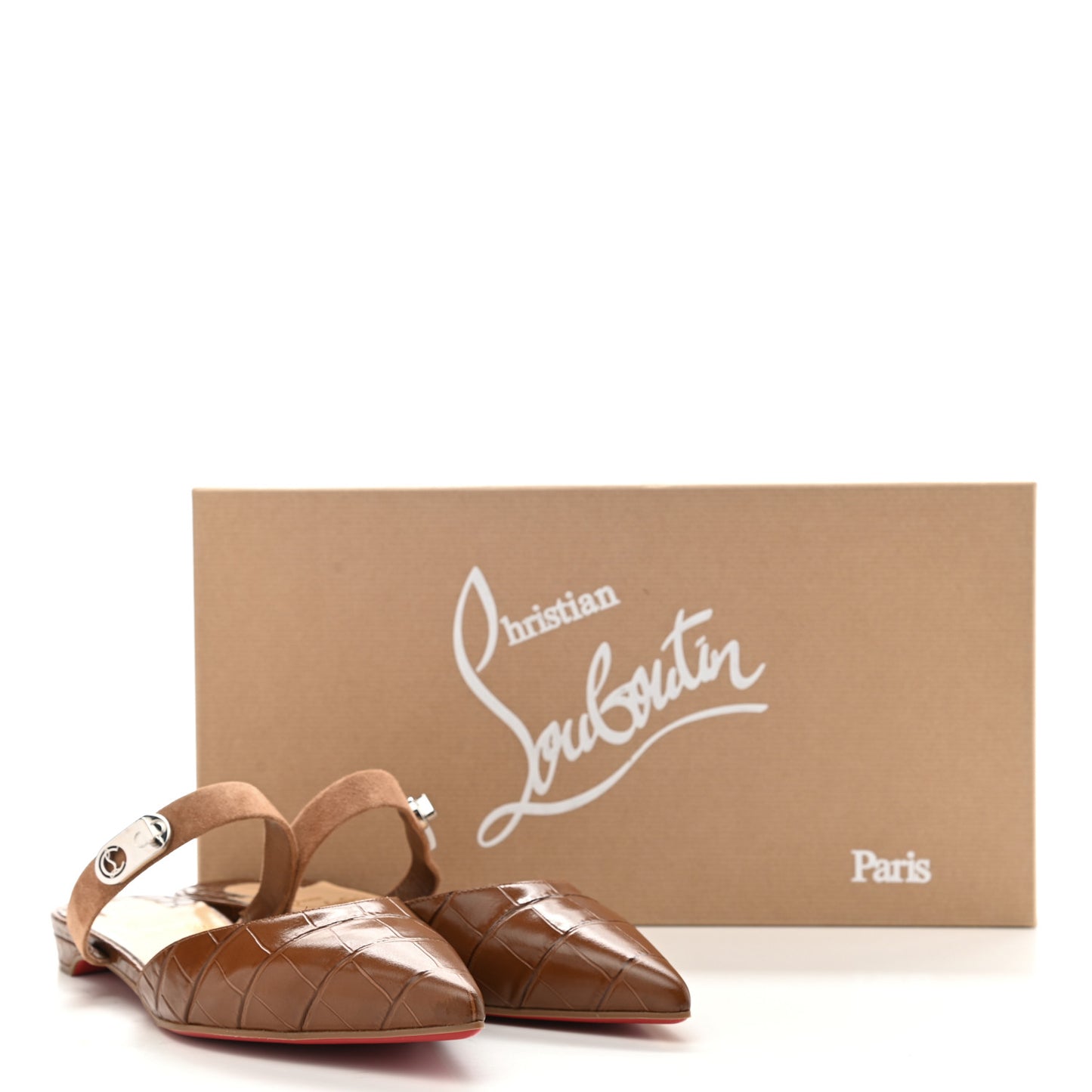 Calfskin Crocodile Embossed Choc Lock Flats 37 Biscotto