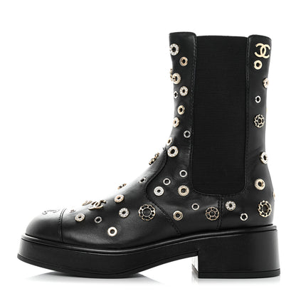 Chanel Lambskin Riveted Cap Toe Short Boots 38 Black 1 of 10