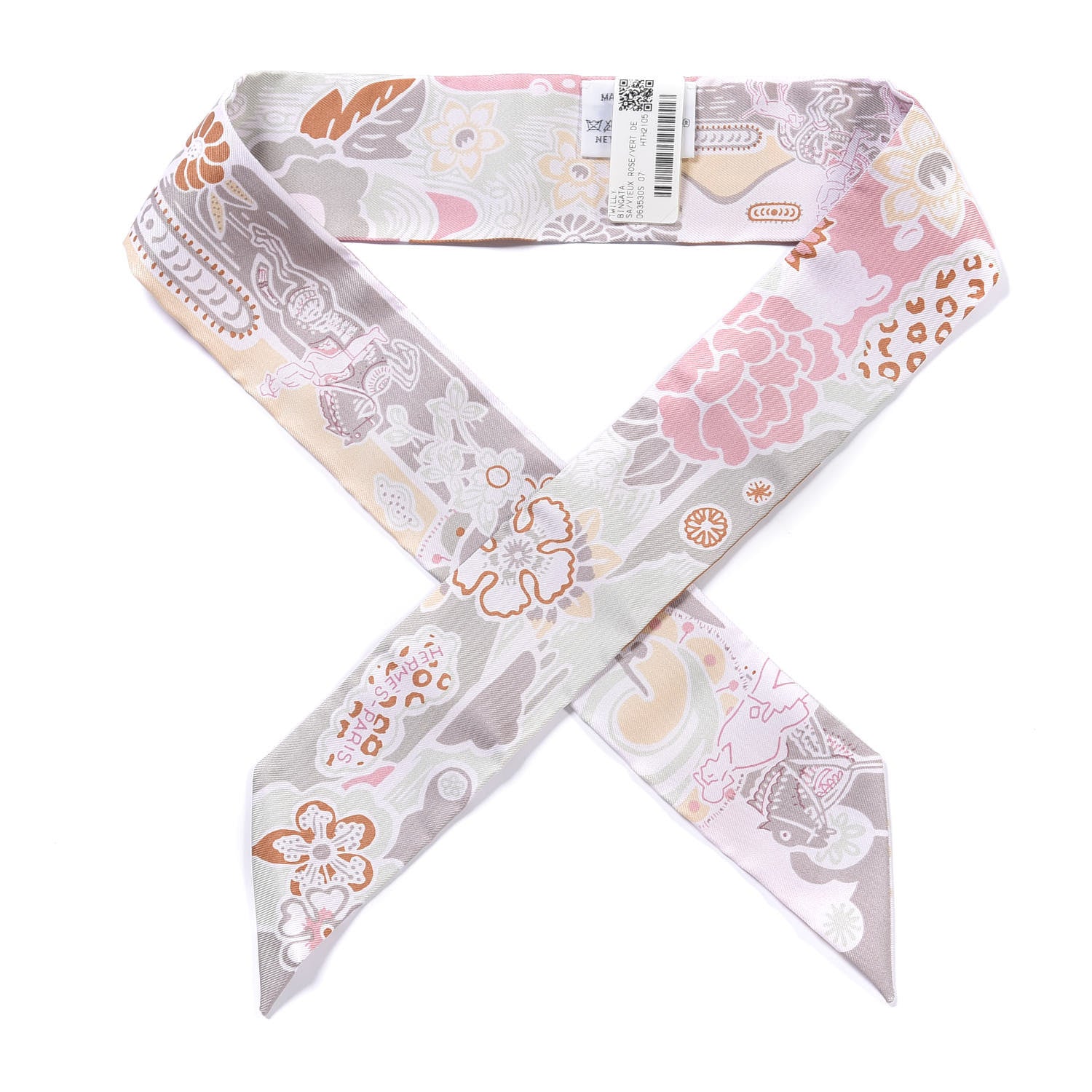 Hermes Silk Bingata Twilly Vieux Rose Vert De 1 of 4