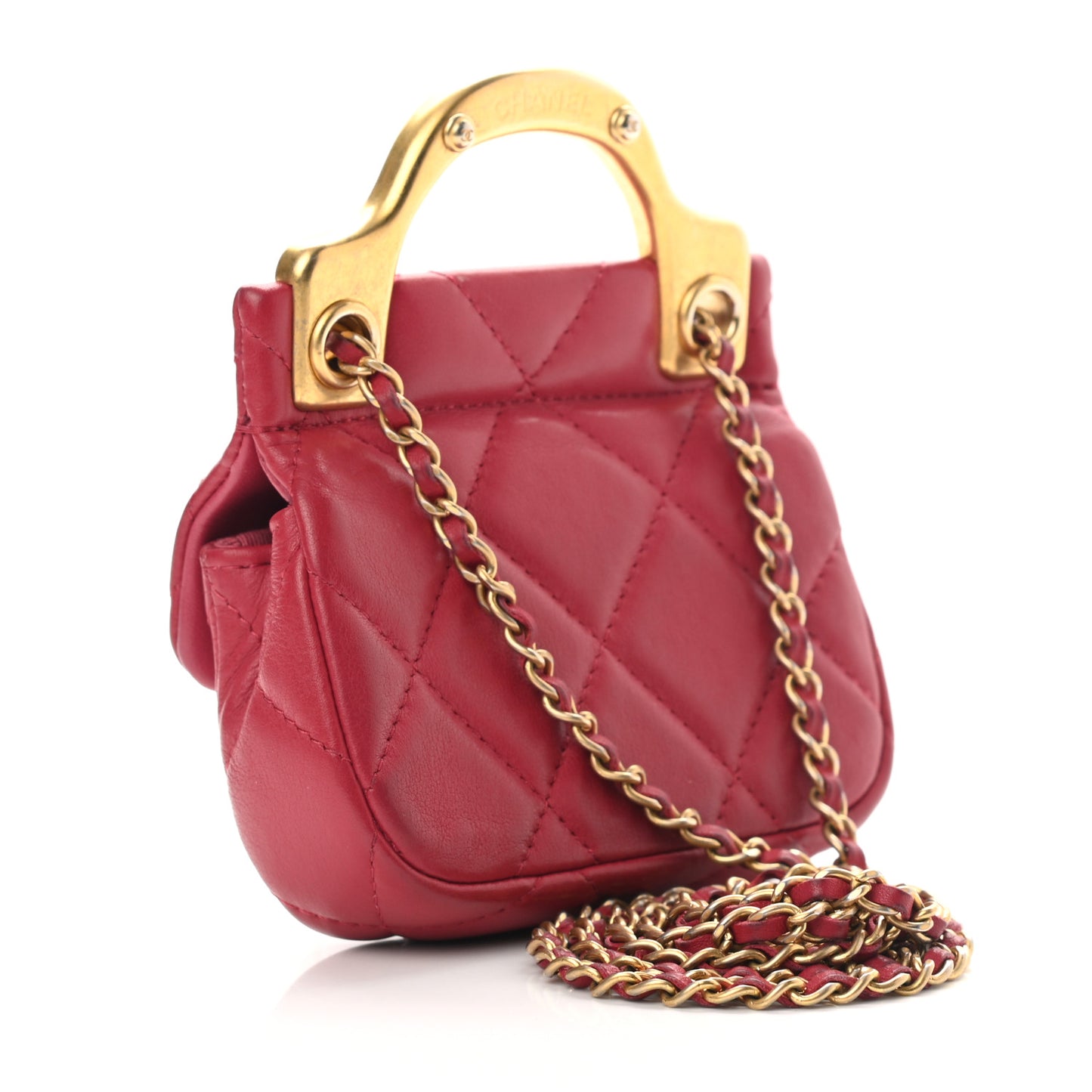 Calfskin Quilted Lady Handle Flap Card Holder With Chain Dark Pink