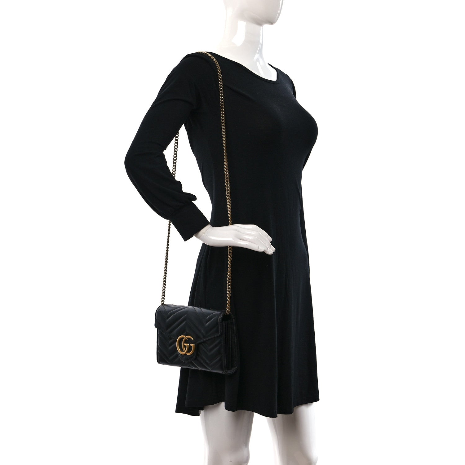 Gucci Calfskin Matelasse GG Marmont Chain Wallet Black 2 of 10