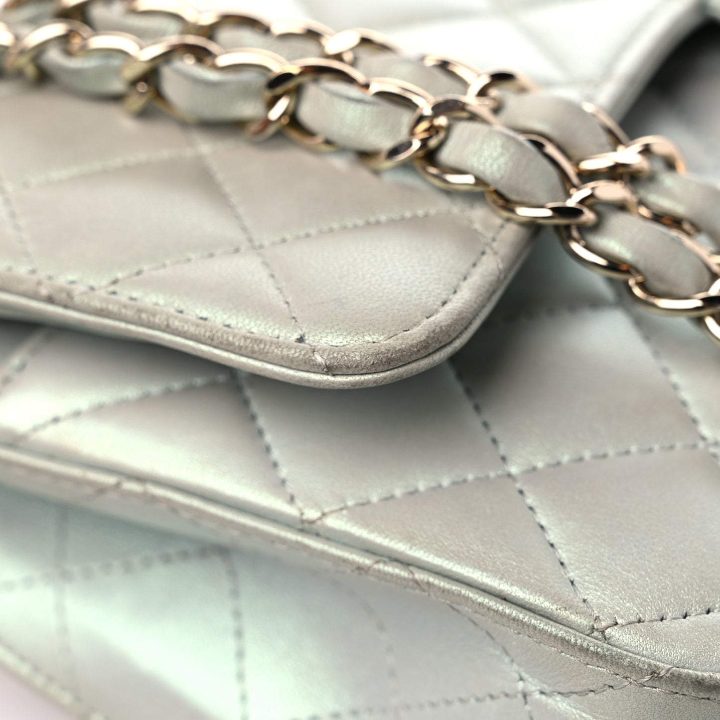 Iridescent Lambskin Quilted Medium Double Flap Light Blue