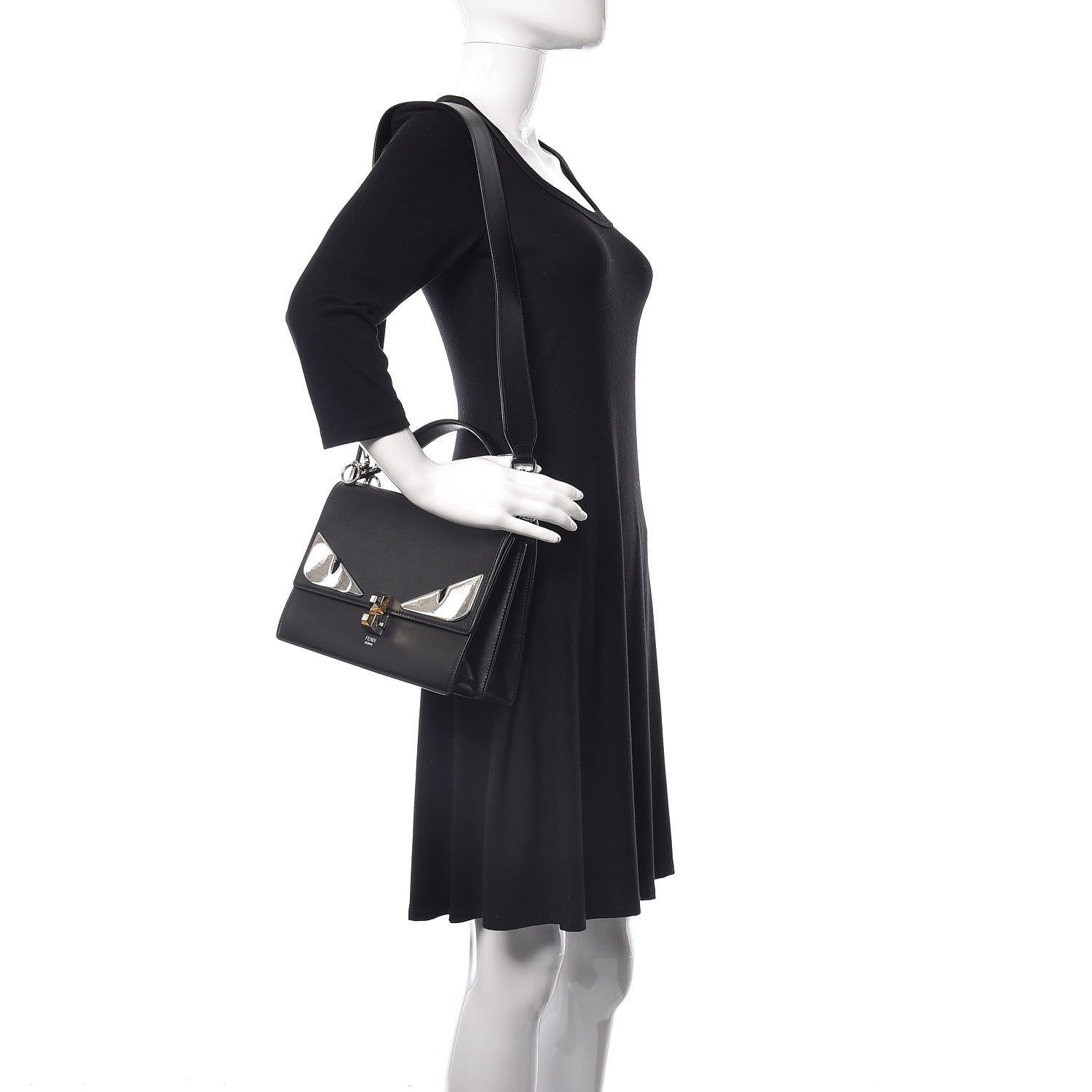 Fendi Vitello Liberty Lucido Metal Monster Eyes Studded Kan I Shoulder Bag Black 2 of 18