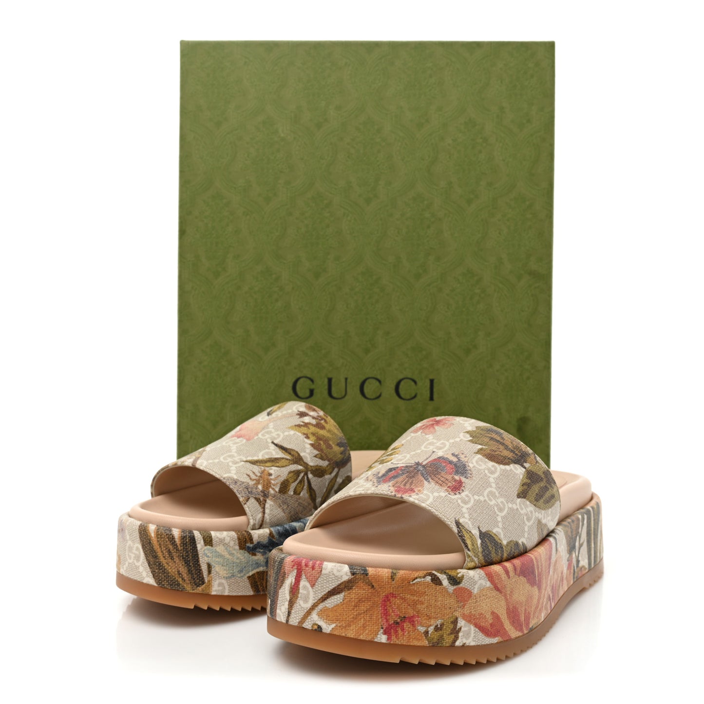 GG Supreme Monogram Water Flora Angelina Platform Slide Sandals 38 Beige White Multicolor