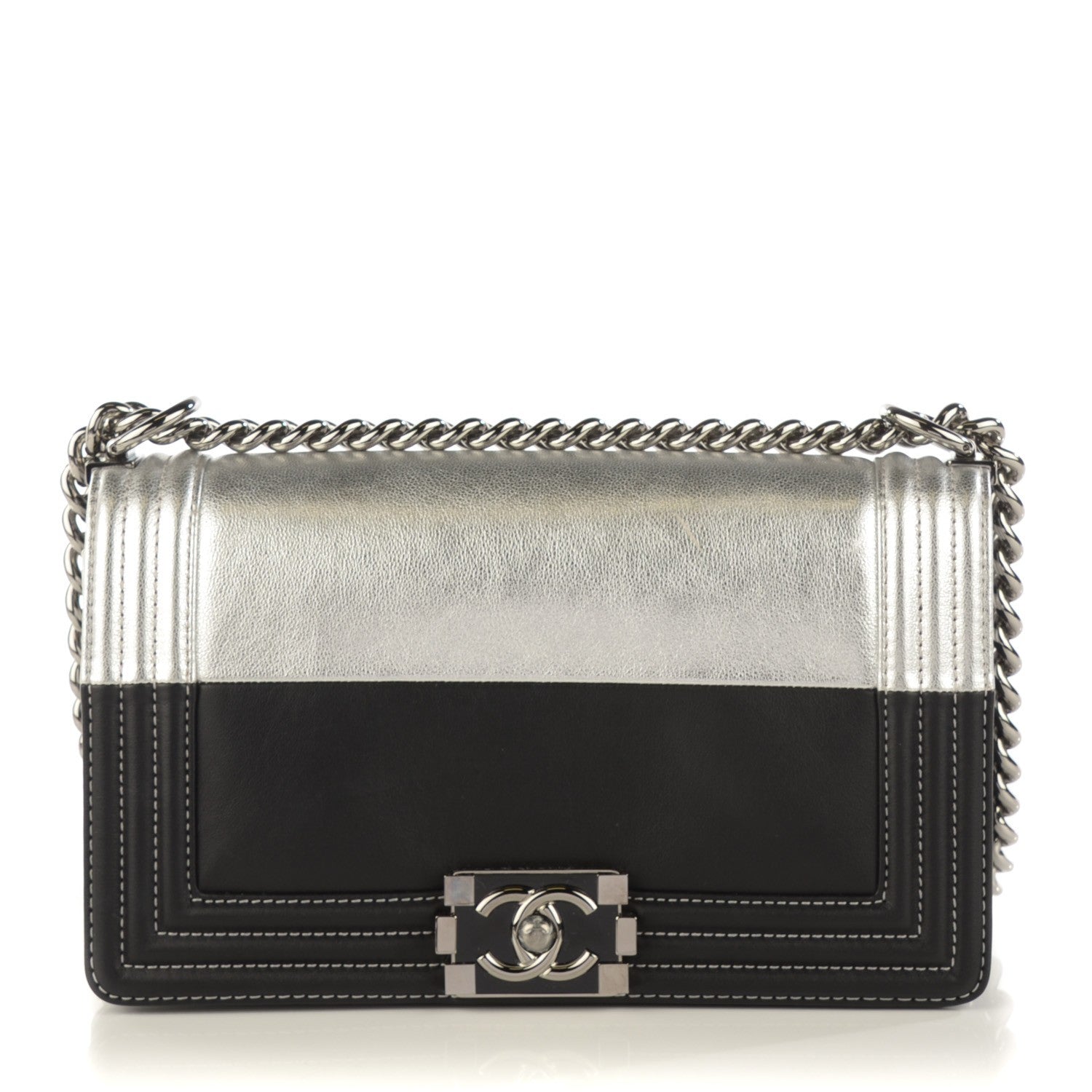 Chanel Metallic Goatskin Calfskin Medium Boy Flap Silver Black 1 of 10