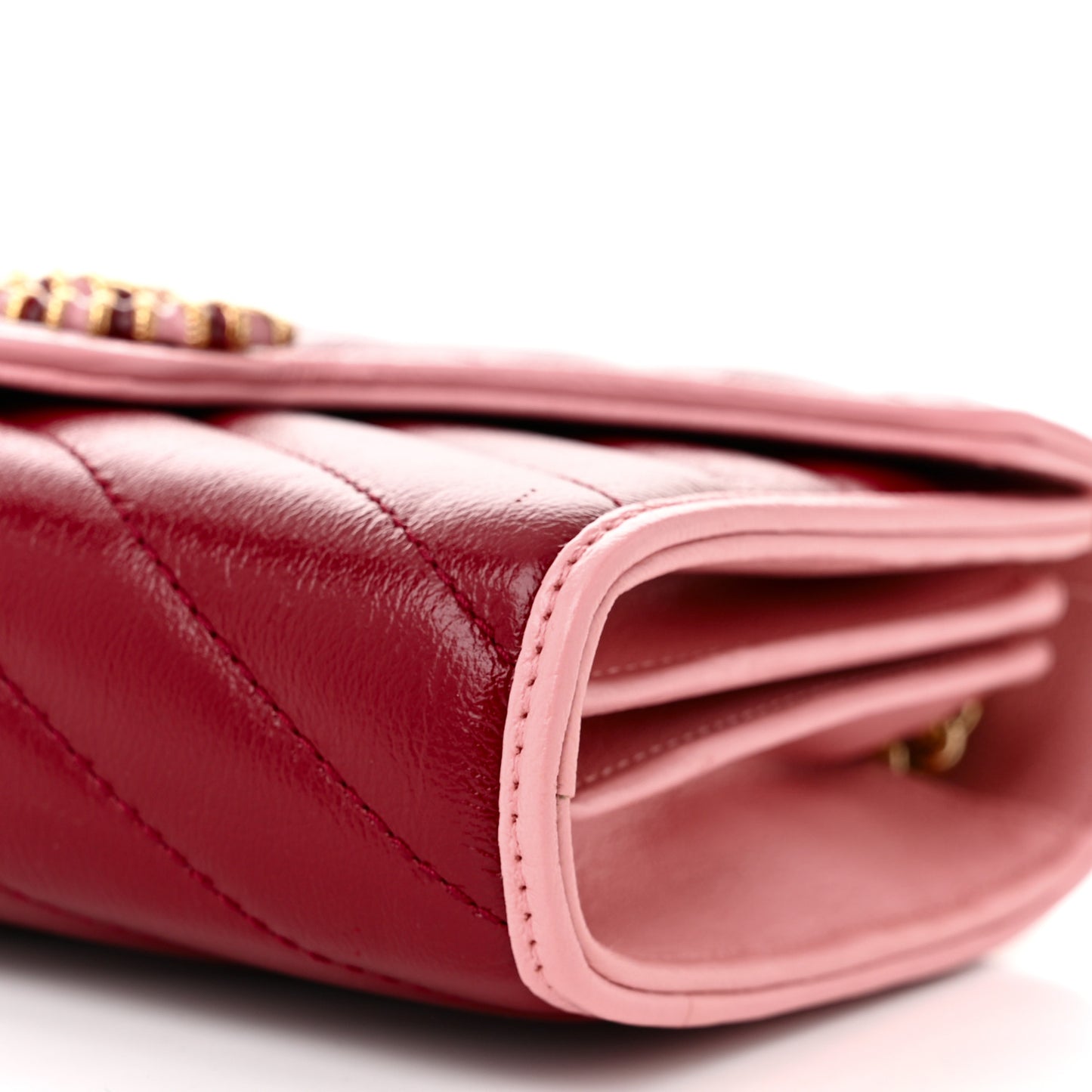 Azalea Calfskin Enamel Matelasse Diagonal Torchon GG Marmont Chain Wallet New Cherry Red Wild Rose
