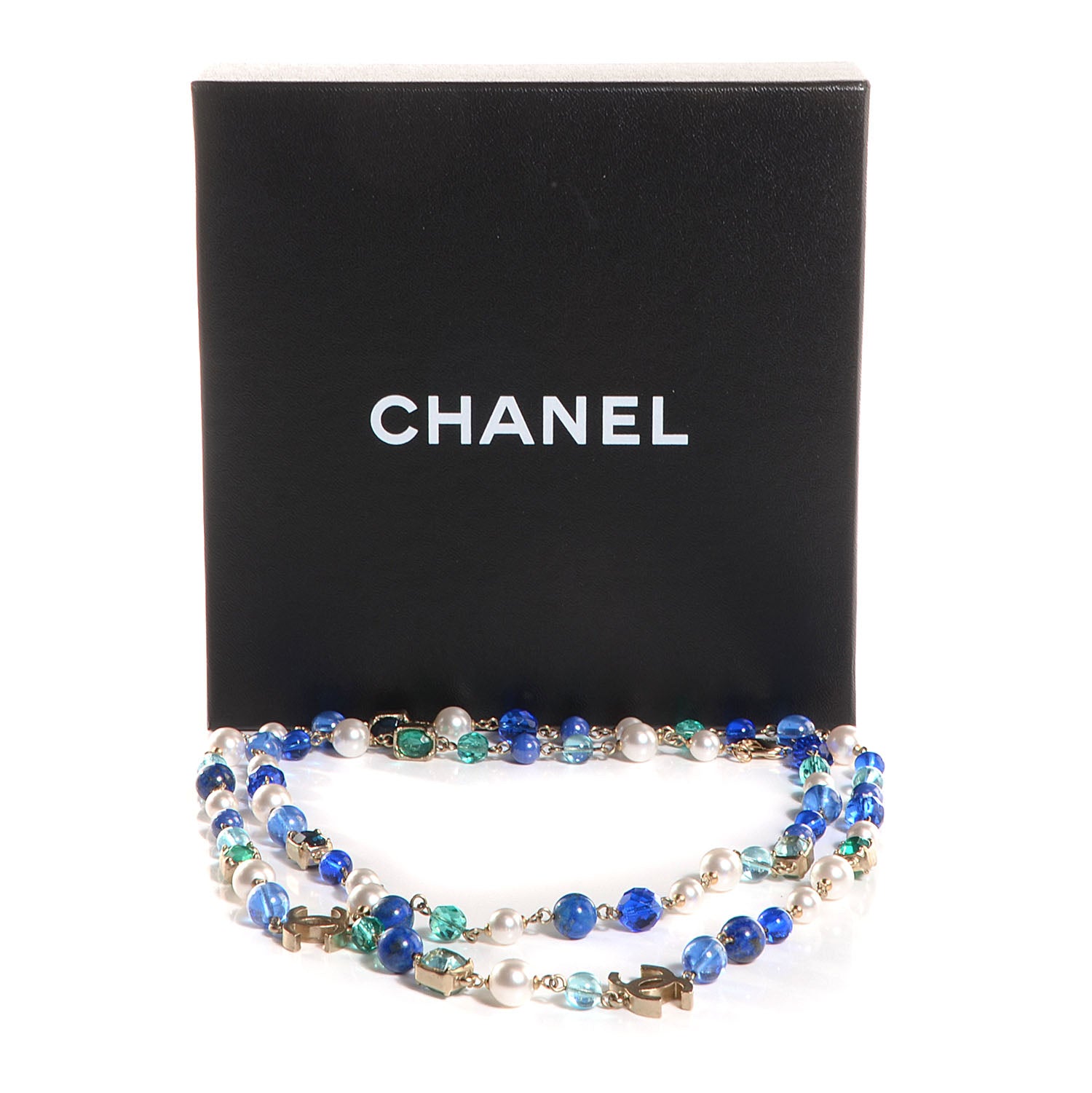 Chanel Beaded Pearl CC Long Strand Necklace Gold Blue White 6 of 6