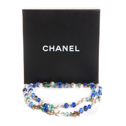 Chanel Beaded Pearl CC Long Strand Necklace Gold Blue White 6 of 6