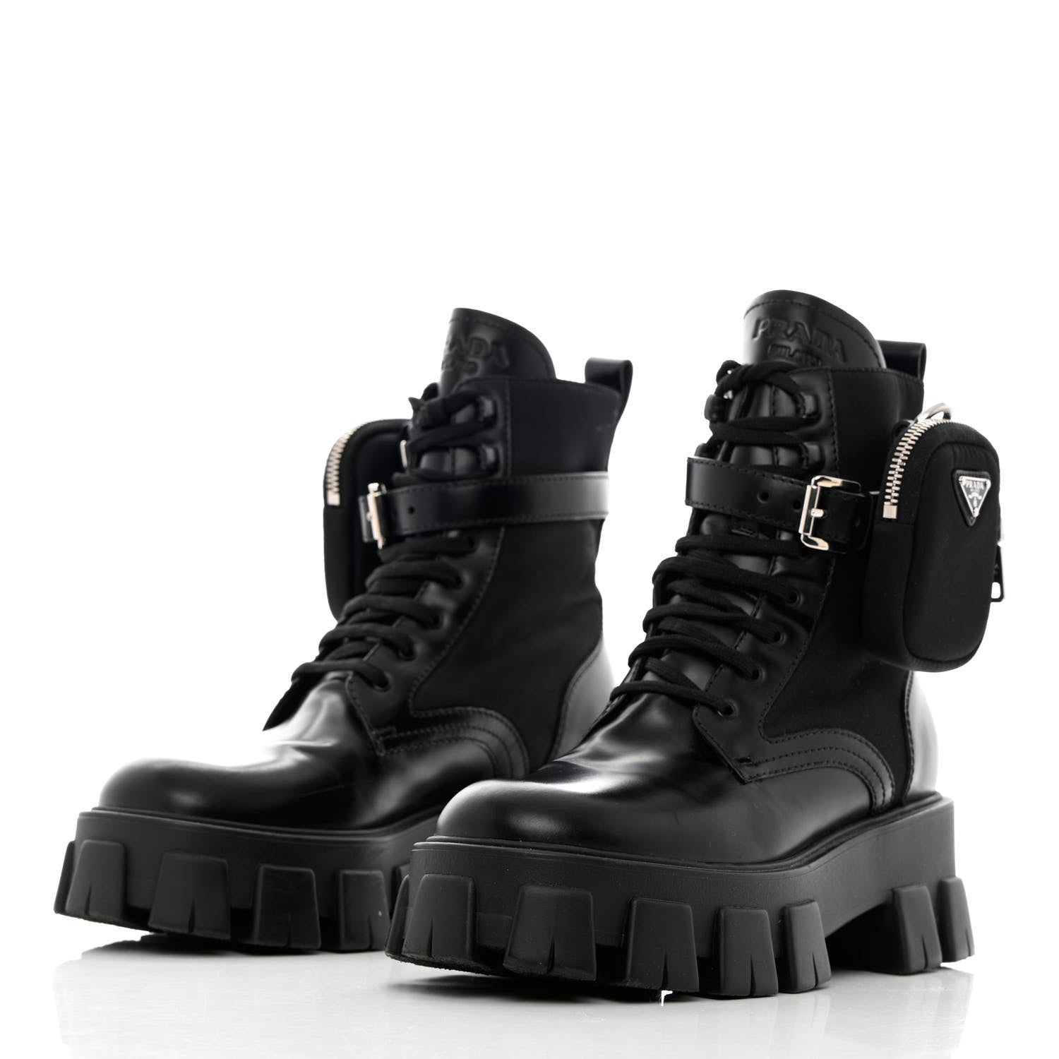Prada Spazzolato Rois Nylon Metal Triangle Logo Monolith Pouch Pocket 55mm Boots 38.5 Black 3 of 14