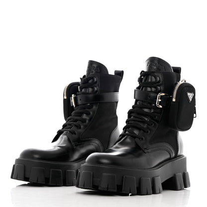 Prada Spazzolato Rois Nylon Metal Triangle Logo Monolith Pouch Pocket 55mm Boots 38.5 Black 3 of 14