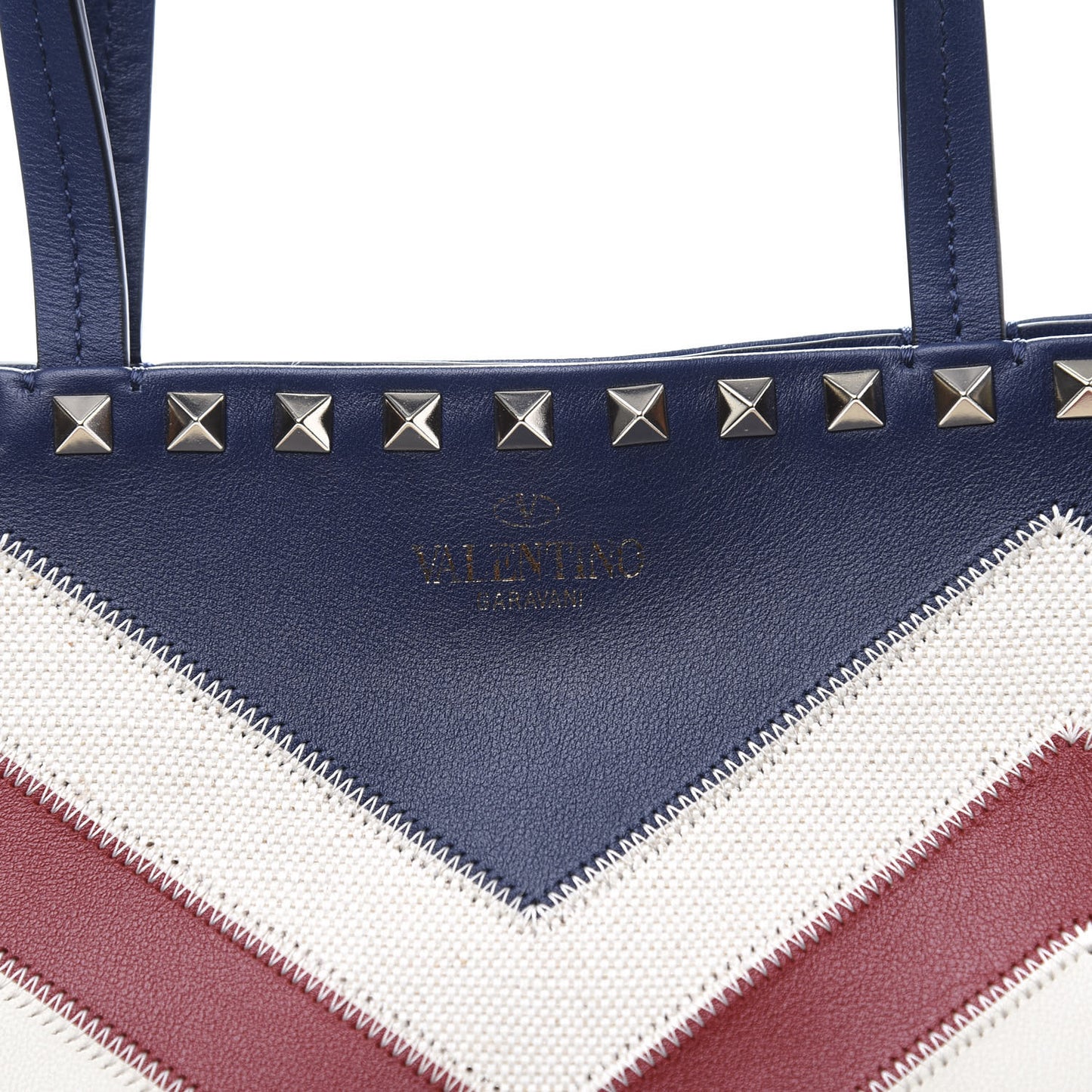 Calfskin Canvas Chevron Inlay Small Rockstud Shoulder Tote Blue Red White