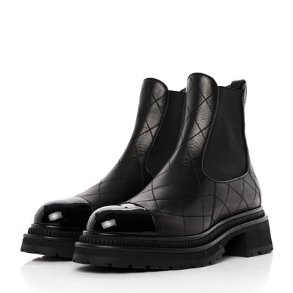 Chanel Calfskin Patent Cap Toe Quilted Short Boots 39.5 Black 3 of 11
