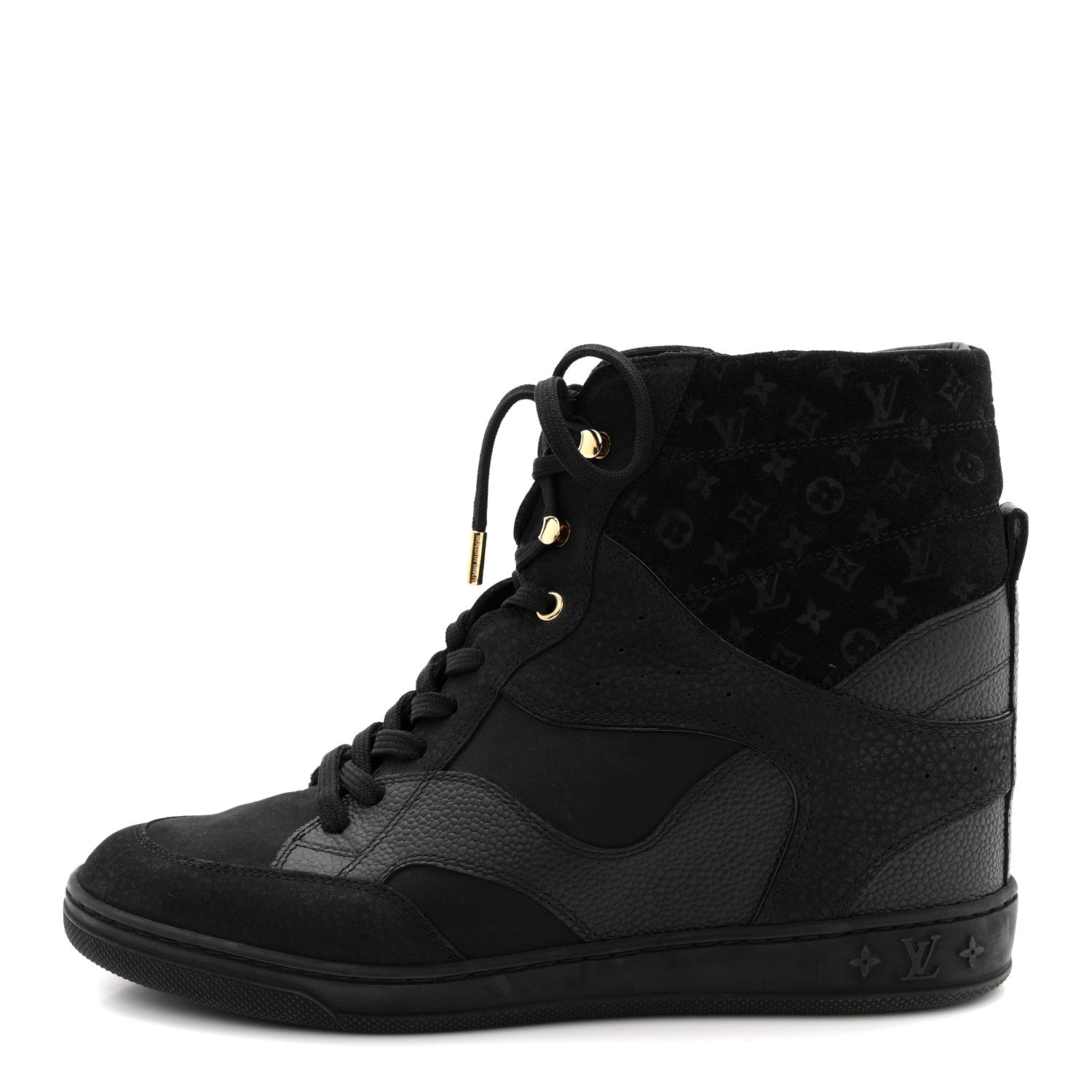 Louis Vuitton Calfskin Suede Monogram Cliff Top Wedge Sneakers 40 Black 1 of 11